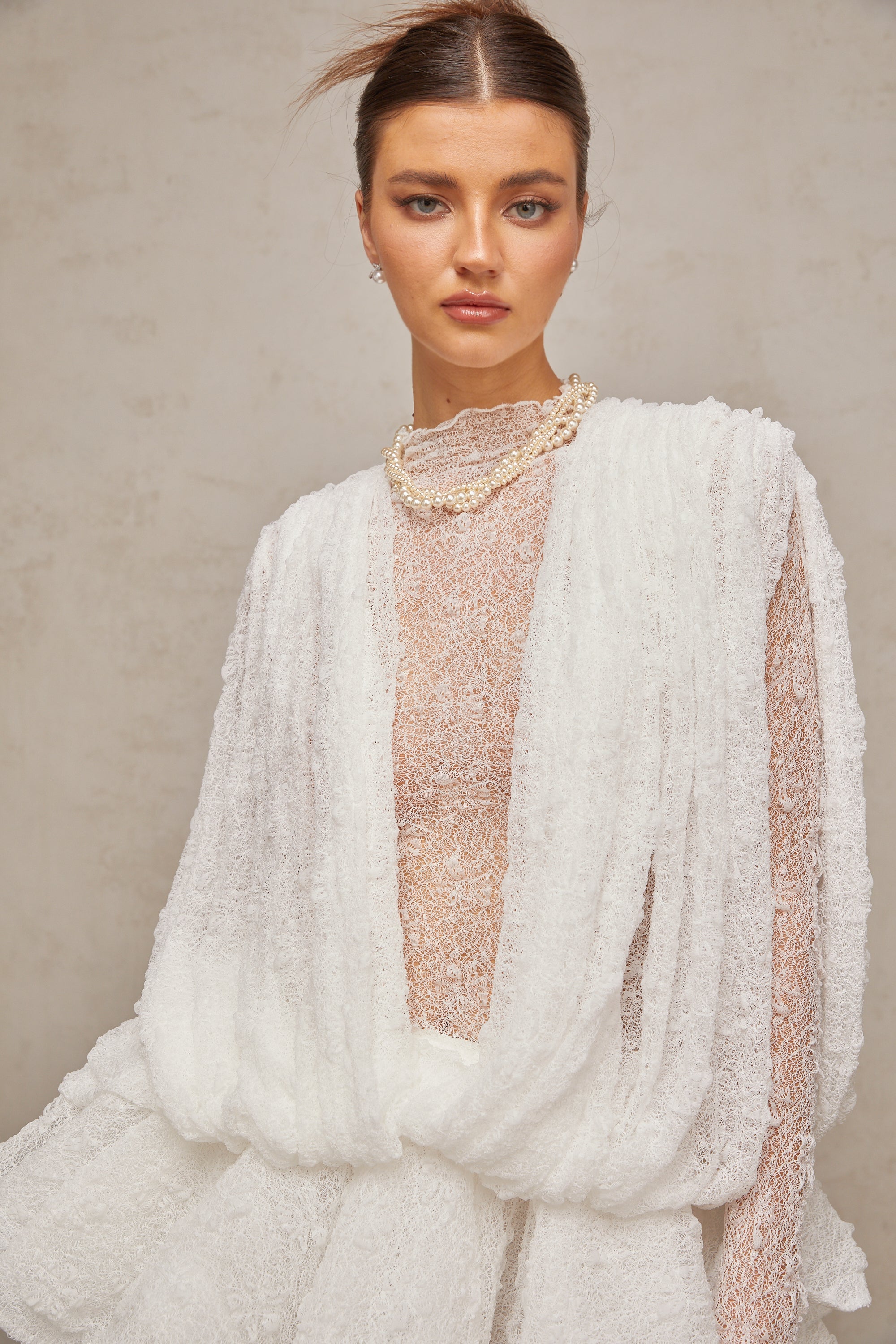 Isoline white semi-sheer lace top & shorts & dress matching set