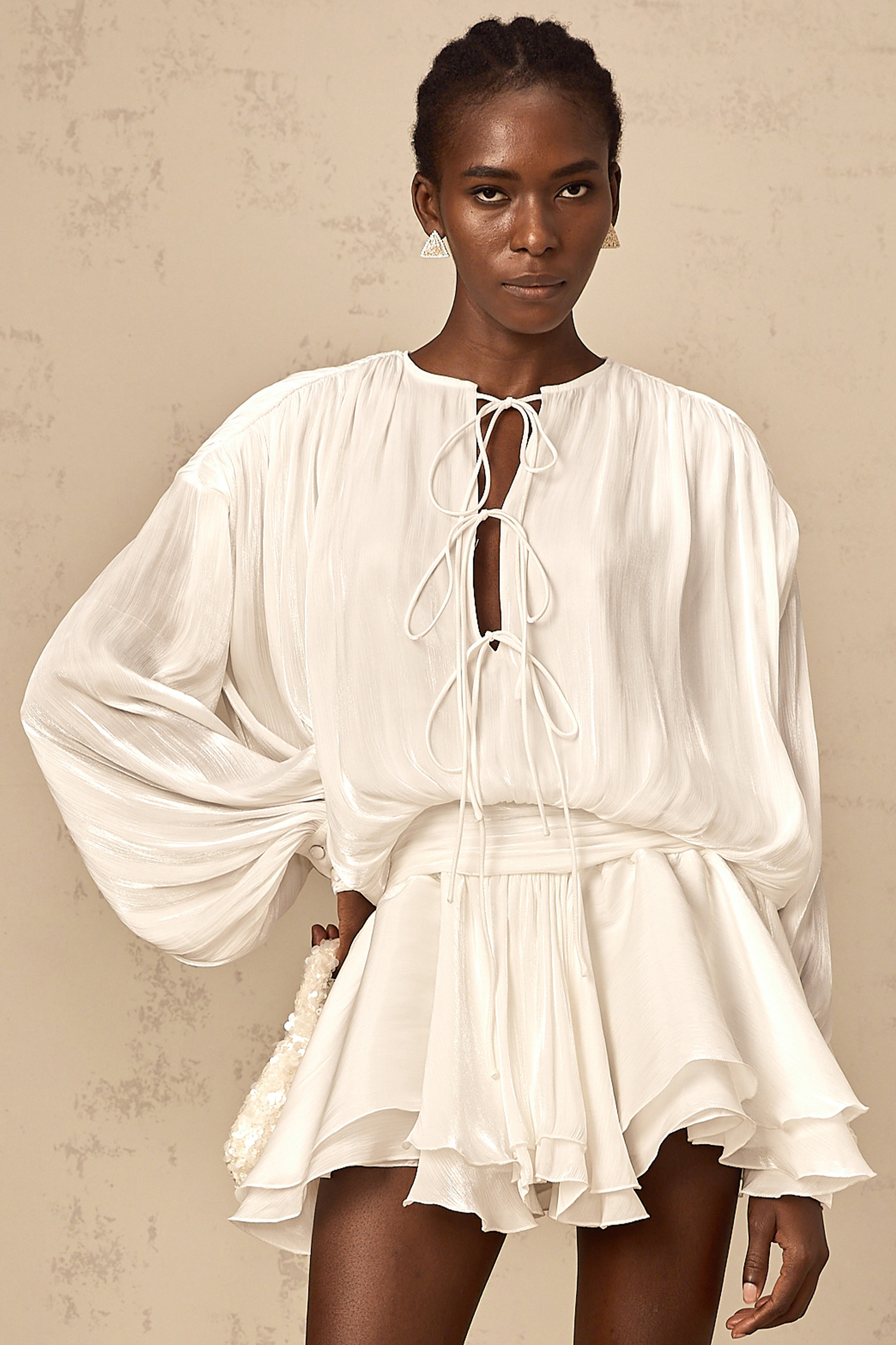 Mahault white pleated glitter-effect mini dress
