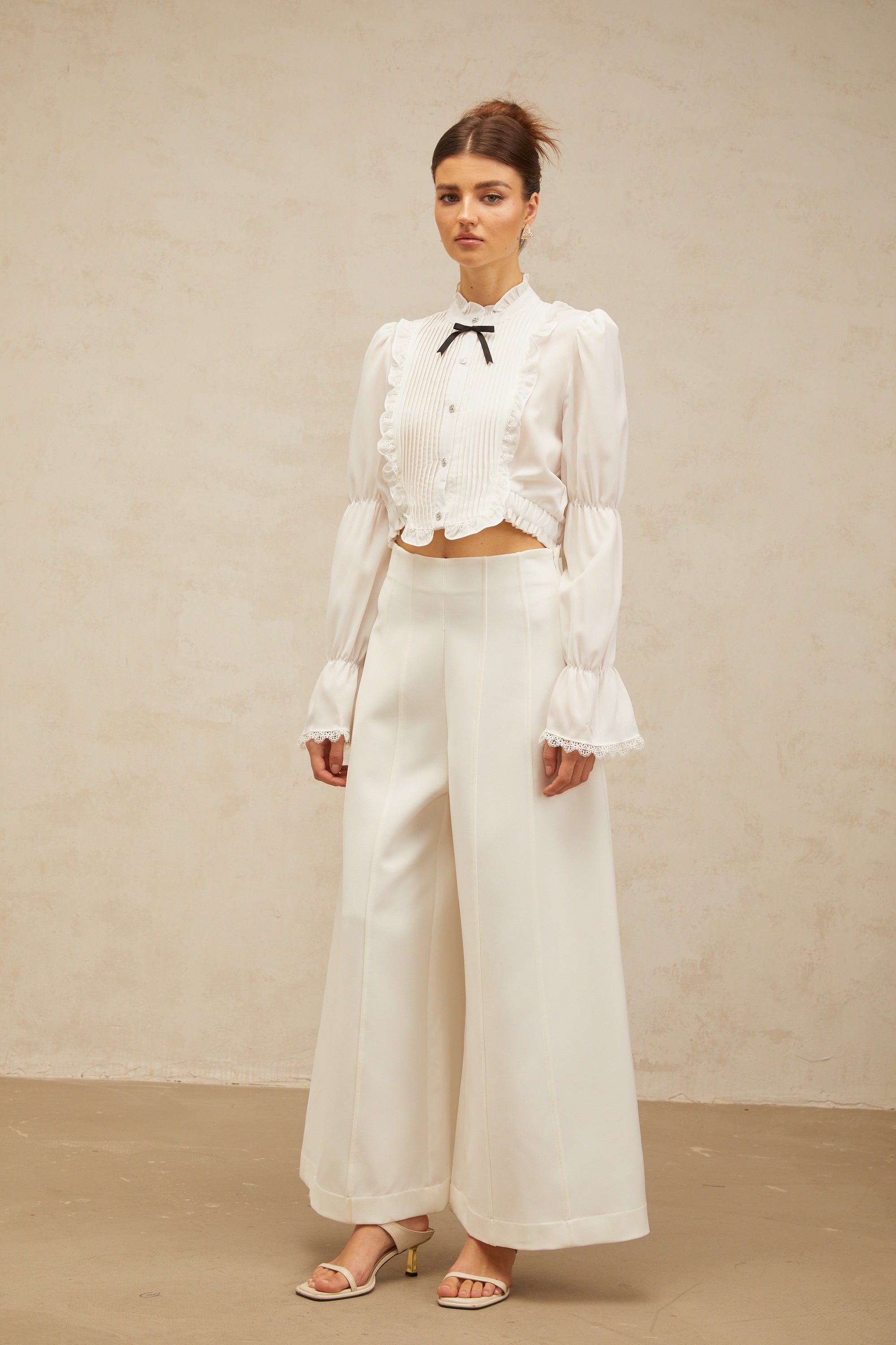 Paulette white bowknot shirred-panel ruffled shirt