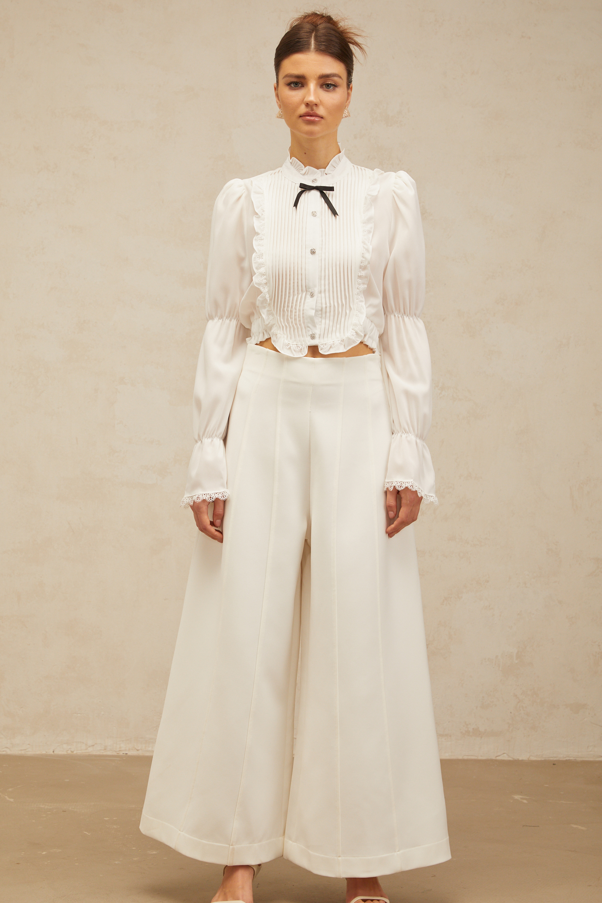 Paulette white bowknot shirred-panel ruffled shirt