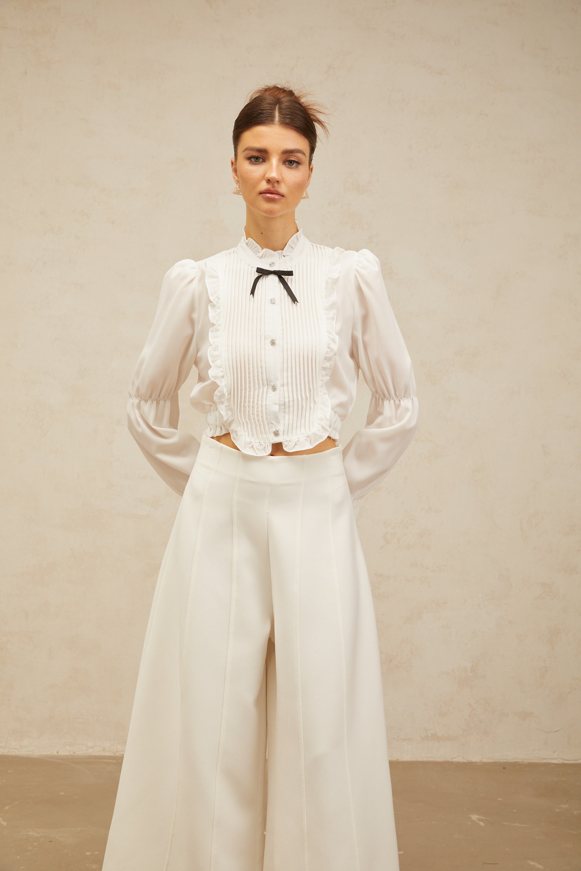 Paulette white bowknot shirred-panel ruffled shirt