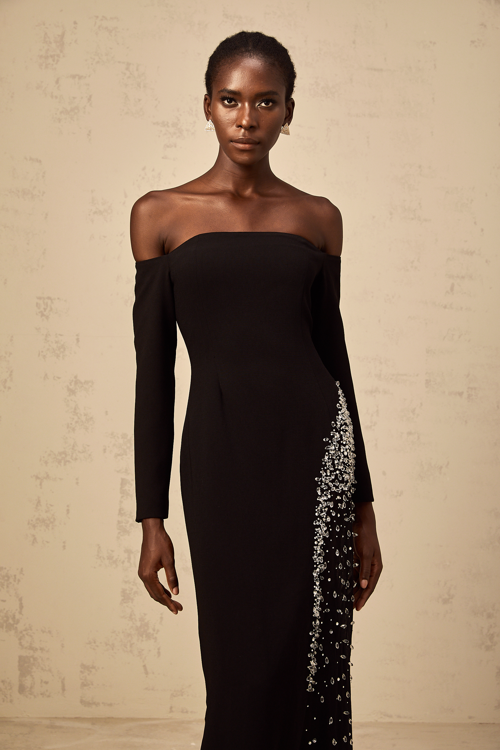 Hyacinthe black mesh-panel embellished maxi dress