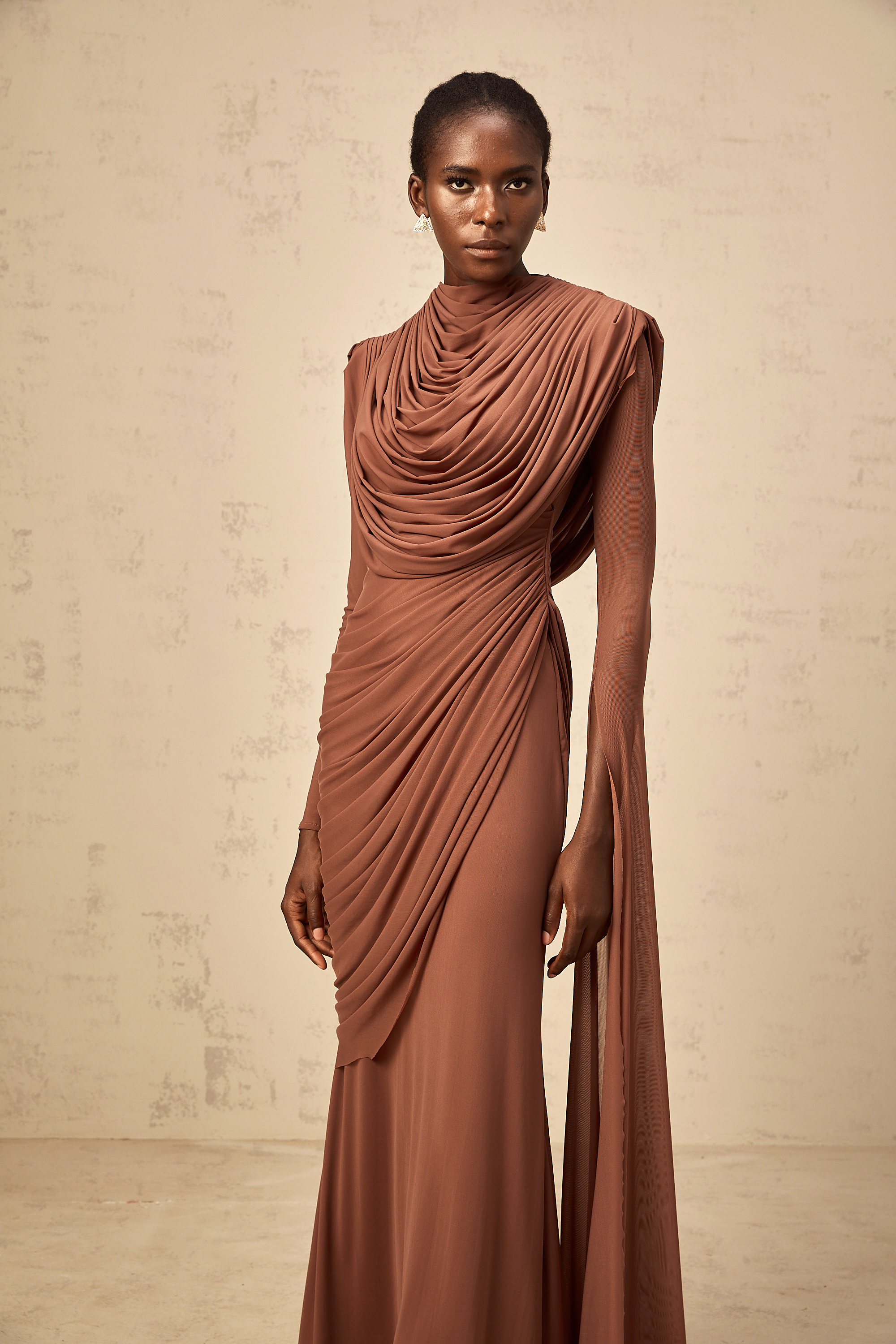 Danaé Brown Shirred-effect Draped Maxi Dress