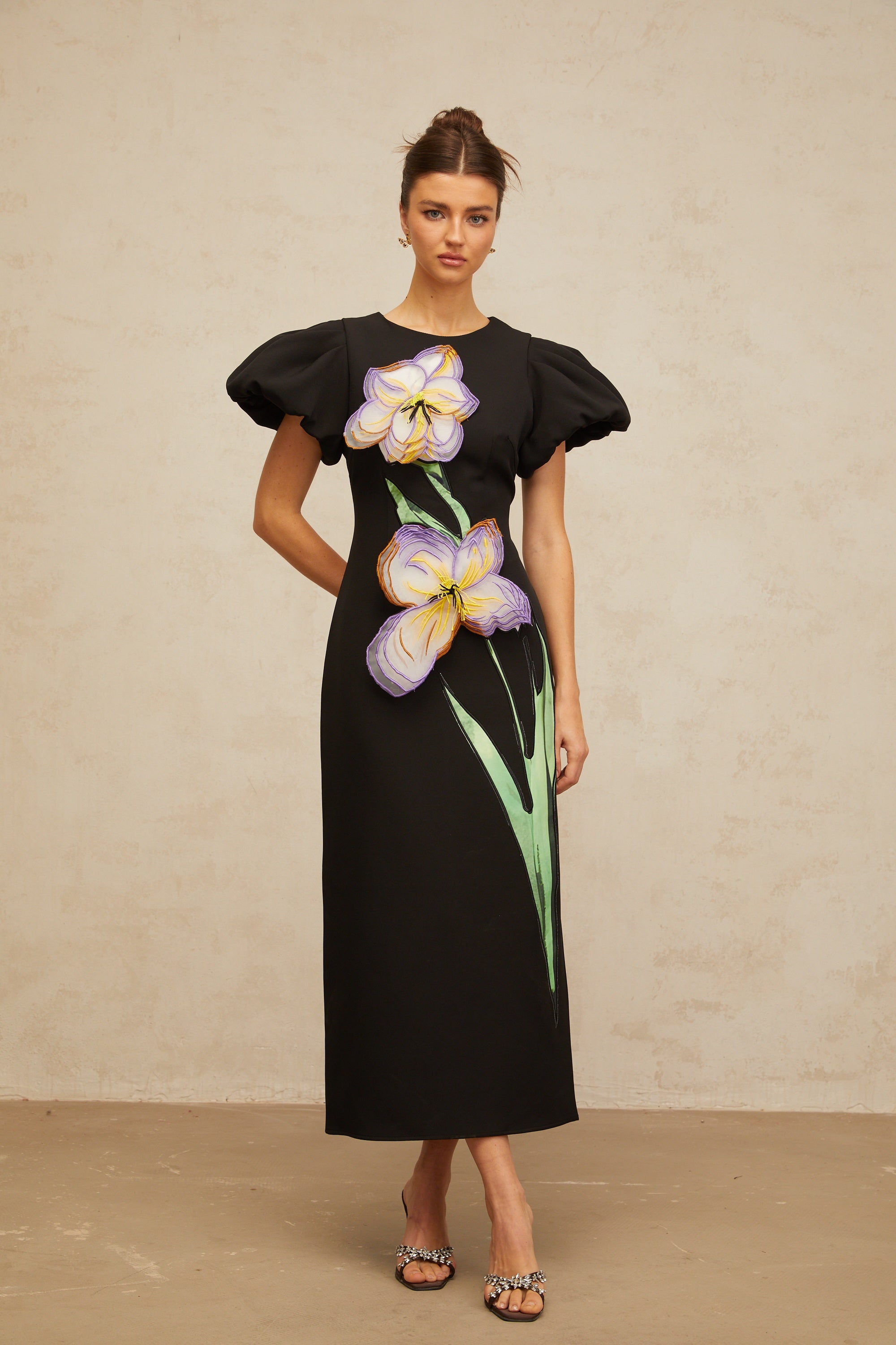 Irène sequined floral-embroidered midi dress in Black
