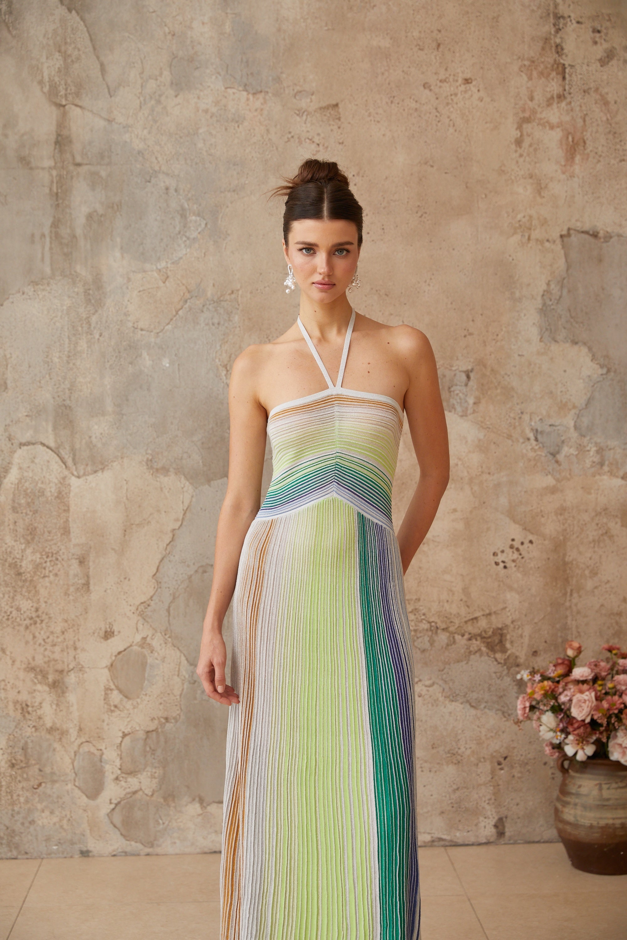 Serelith Metallic Knit Backless Maxi Dress