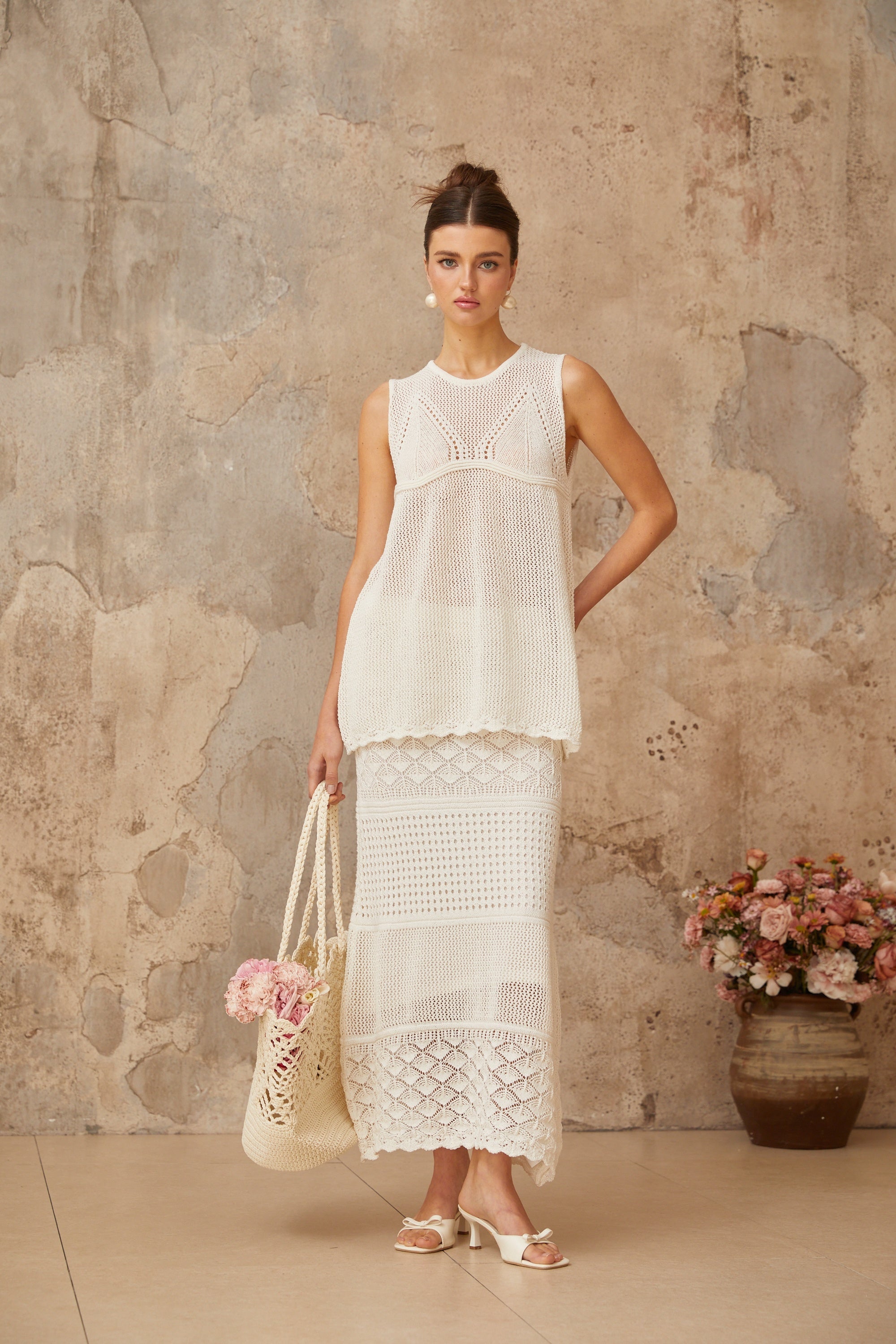 Irène White Cutout Crochet Knit Two-Piece Top and Skirt