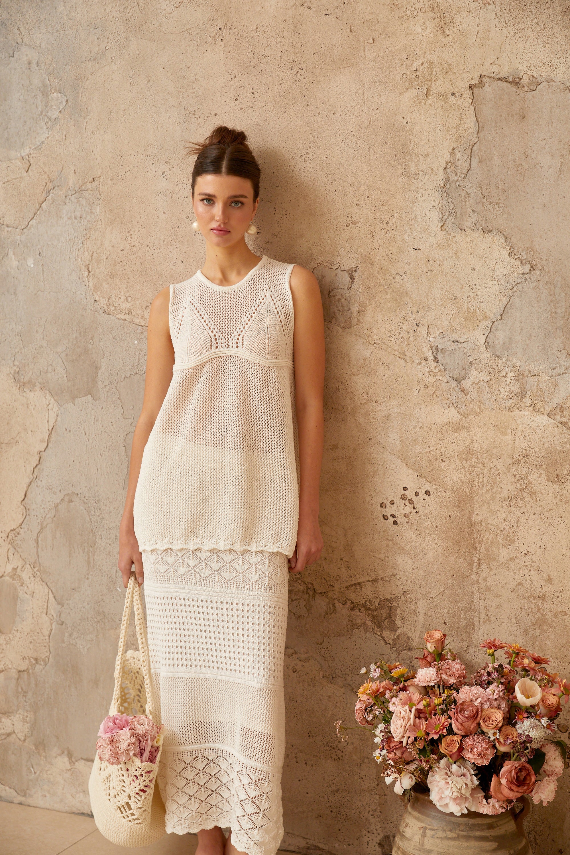 Irène White Cutout Crochet Knit Two-Piece Top and Skirt