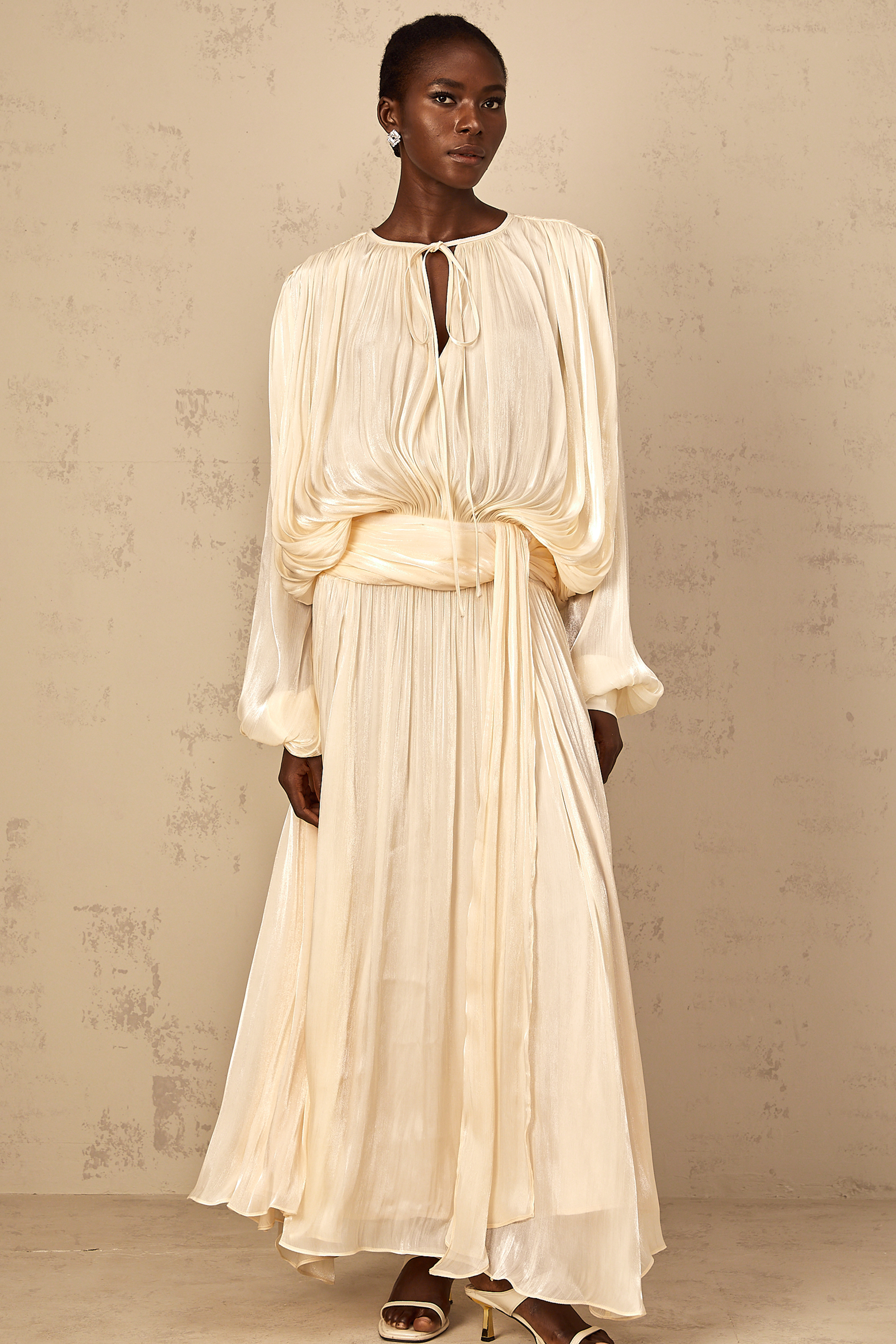 Eugénie Pleated Ruffle Maxi Dress in Neutral