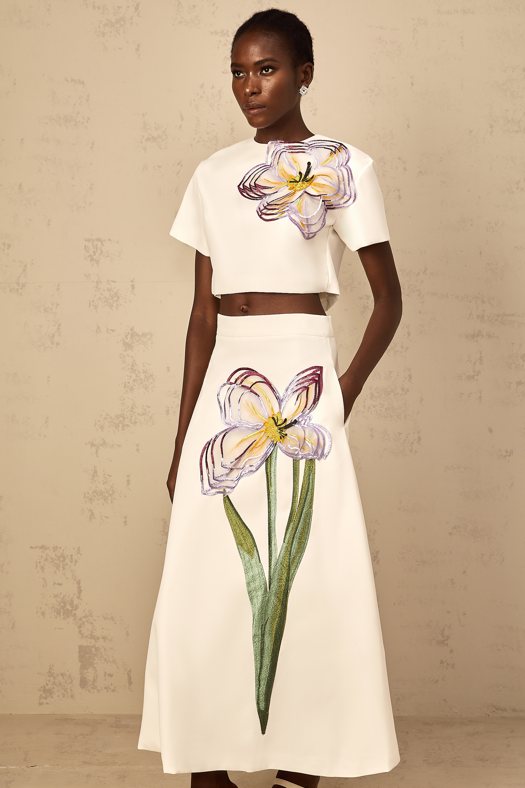 Irène White Sequin Floral Embroidered Matching Set