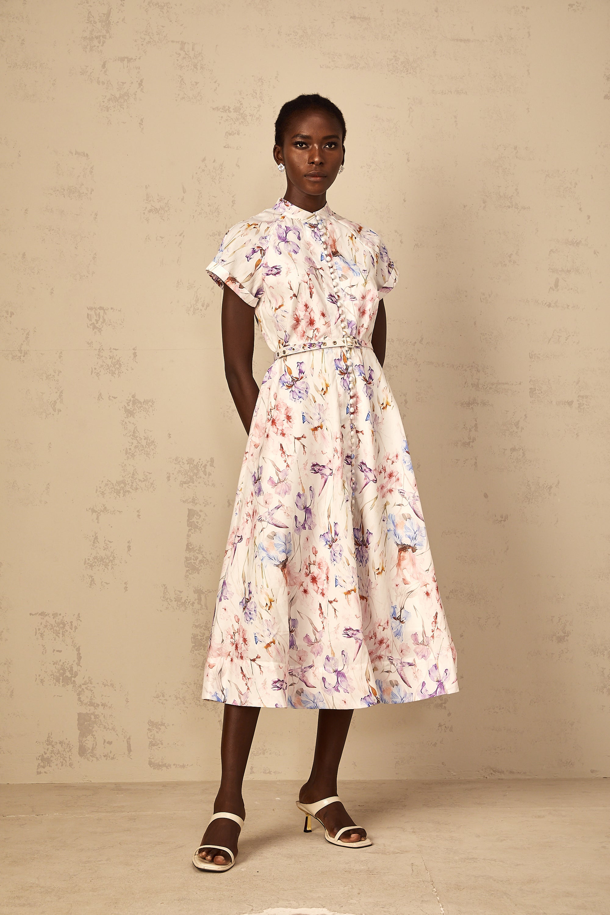 Géraldine White Mock-Neck Floral Print Midi Dress
