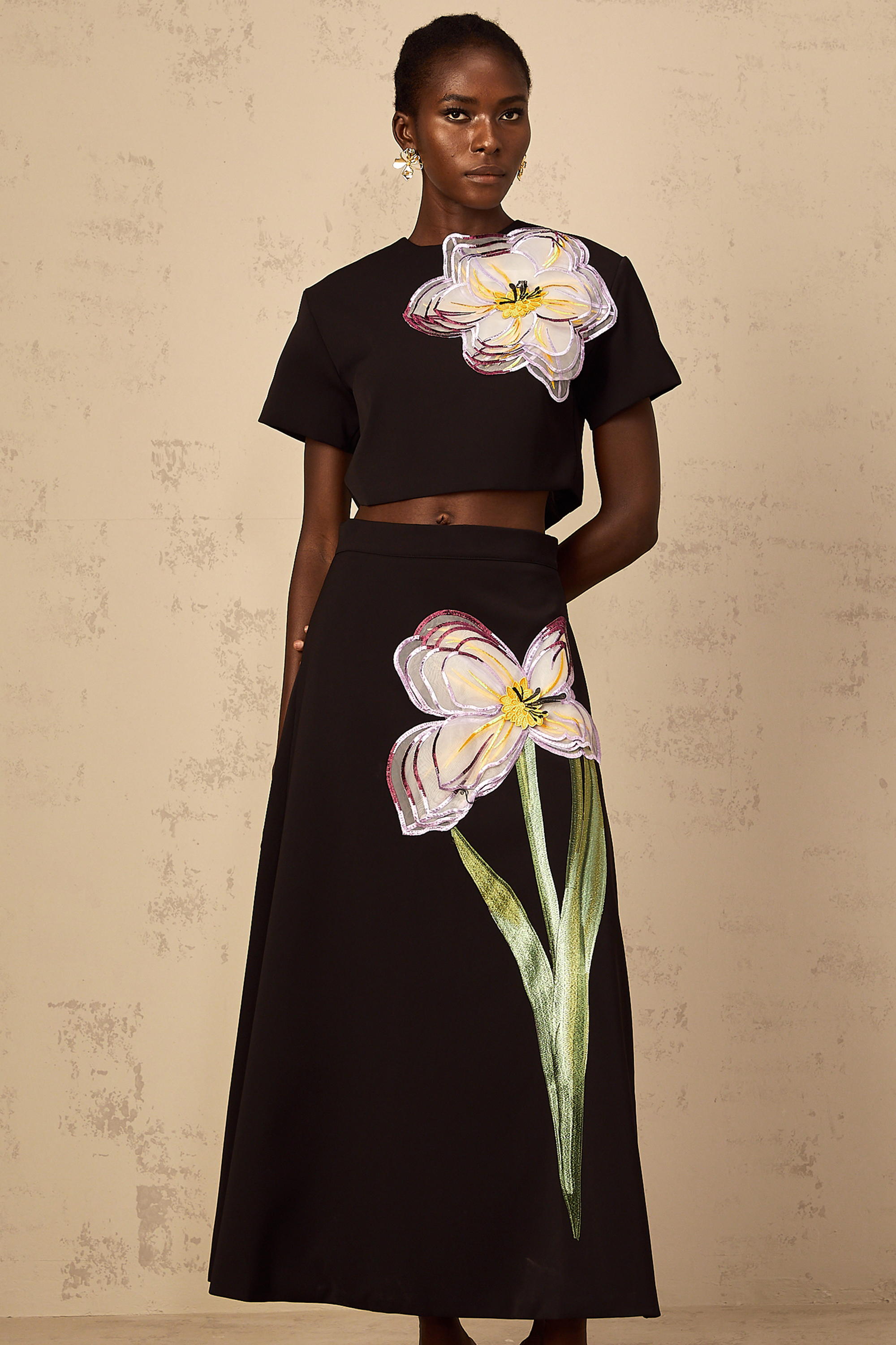 Irène Black Sequin Floral Embroidered Matching Set