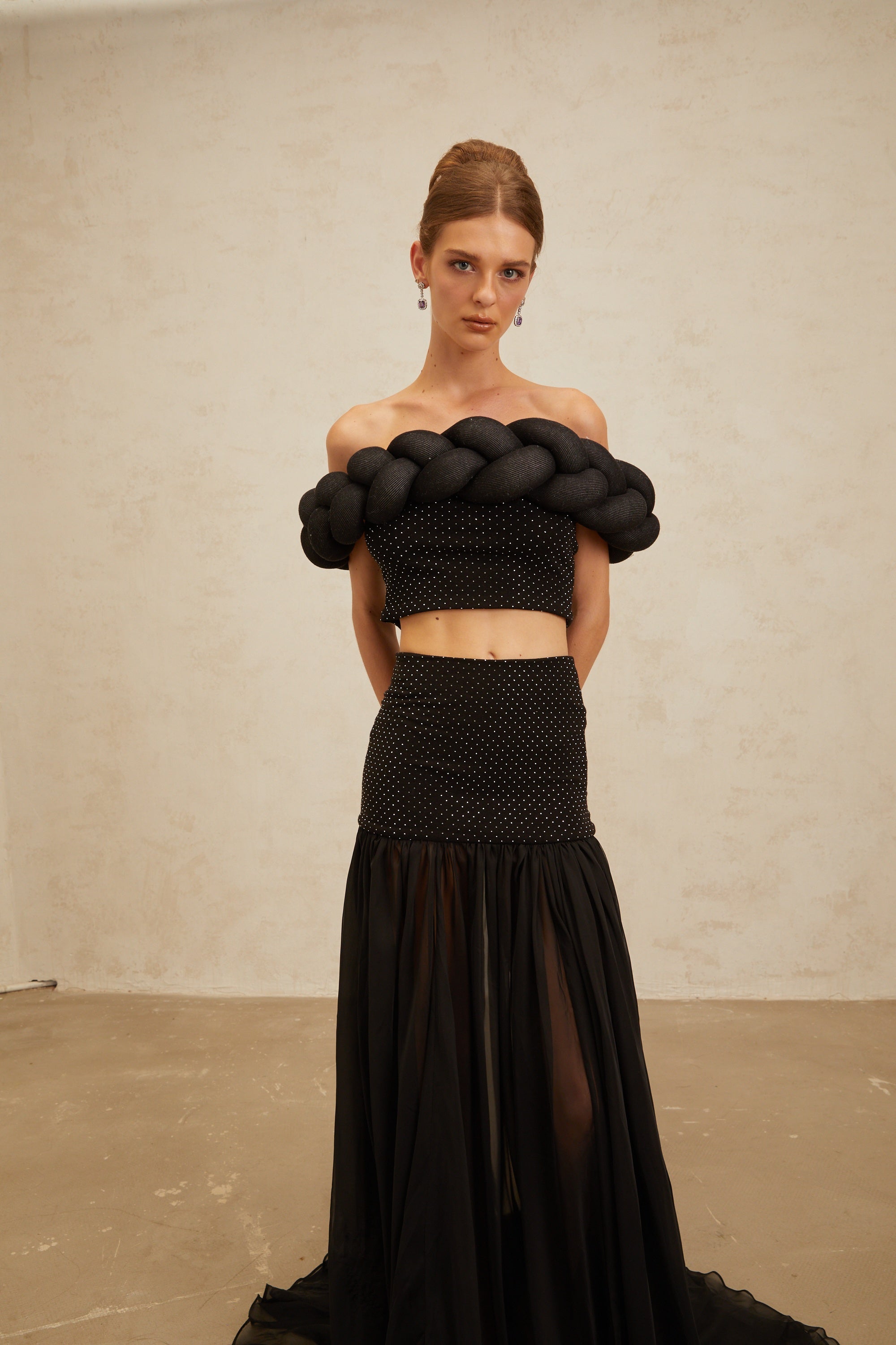 Camille Black Braid-Detail Rhinestone Embellished Crop Top