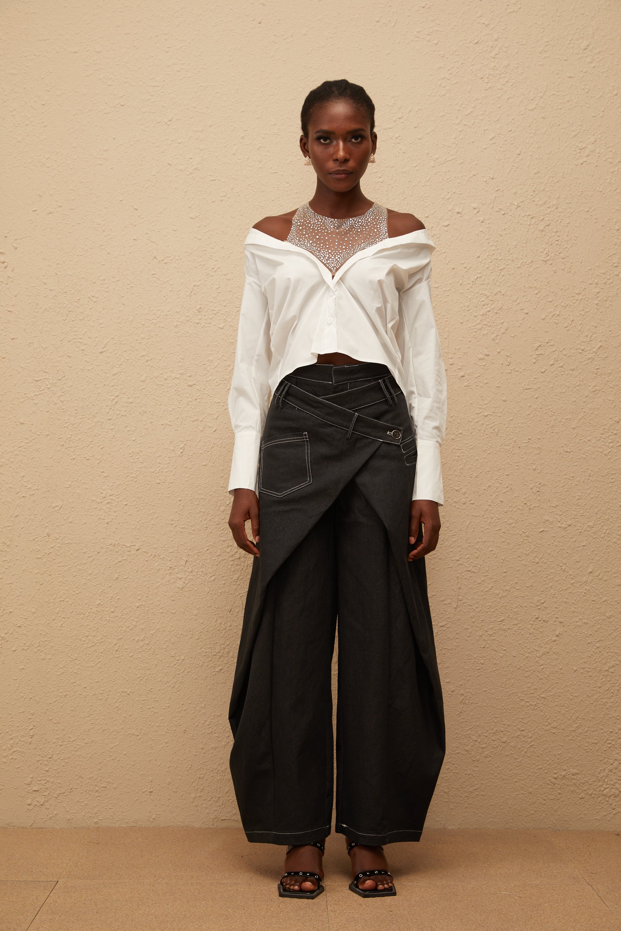 Fernande White Rhinestone Mesh Panel Shirt