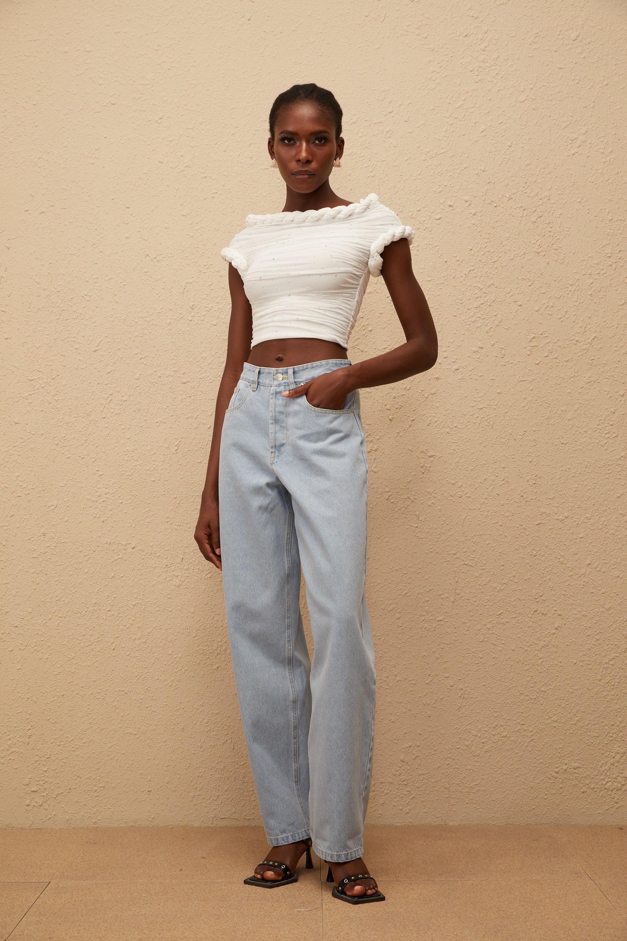 Lisette White Rhinestone Braided Ruched Top