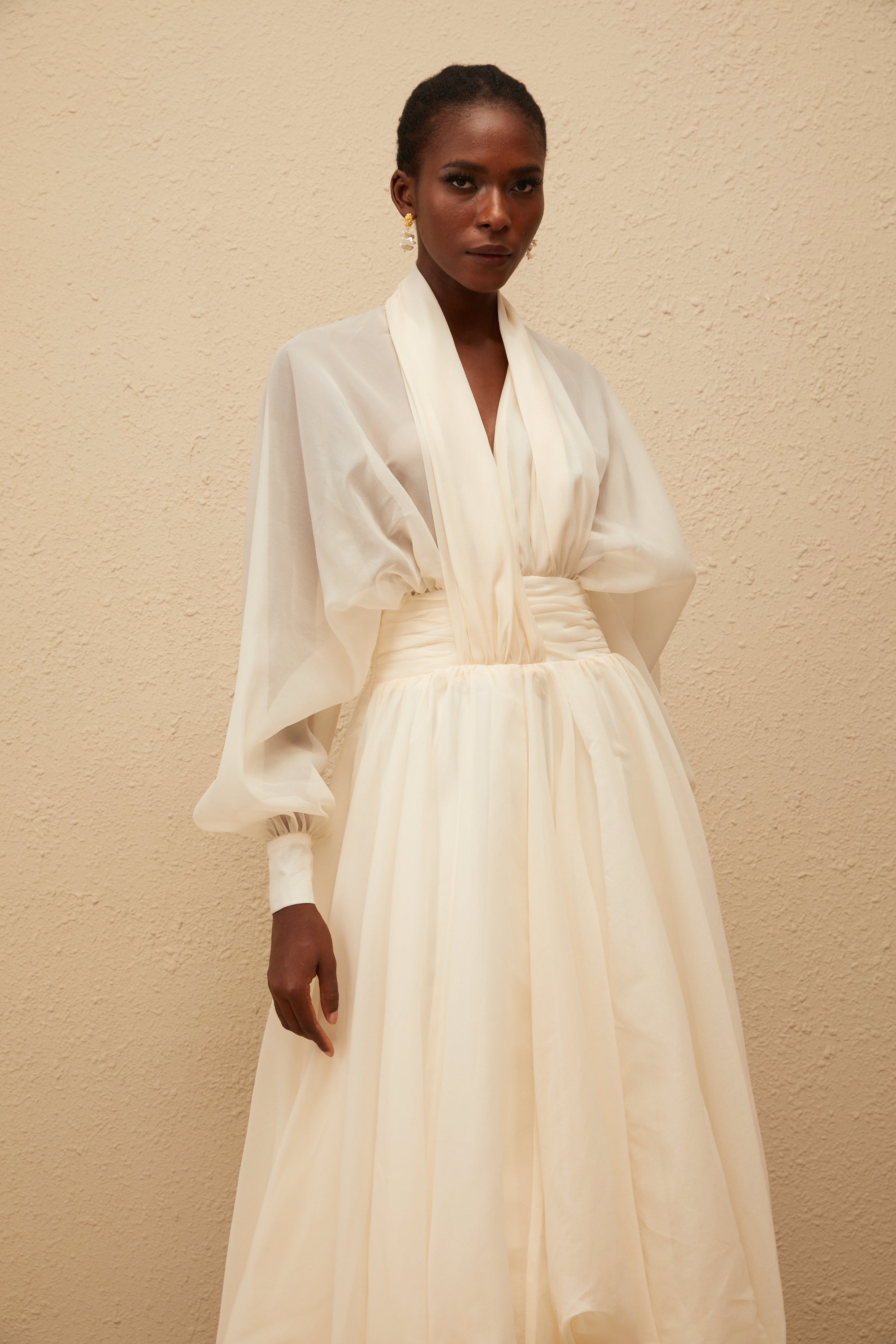 Riley Cream White Draped Tulle Maxi Dress