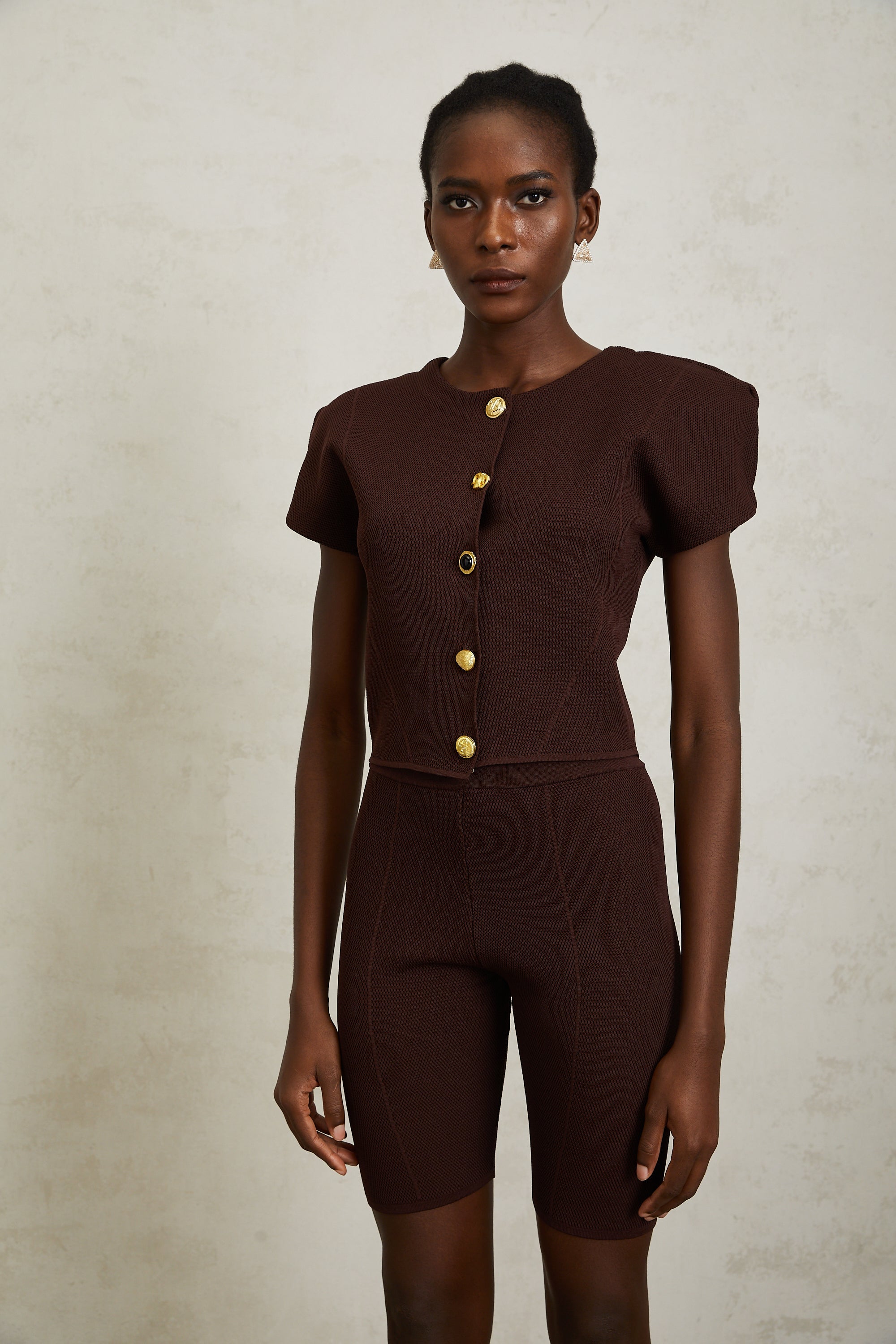 Hélène Brown Textured Knit Top & Shorts Set