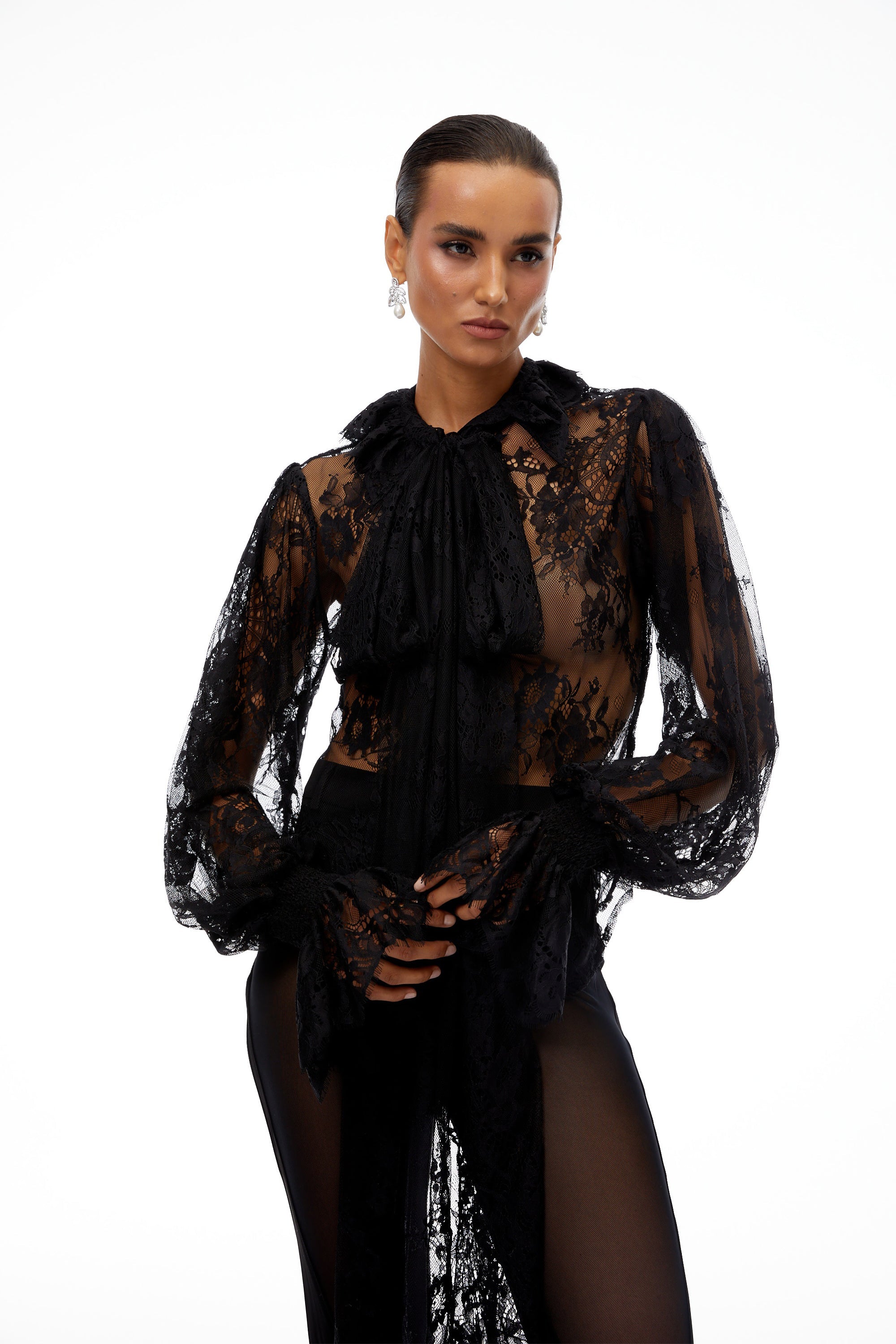 Quintine Black Ribbon Tie-Neck Floral Lace Blouse