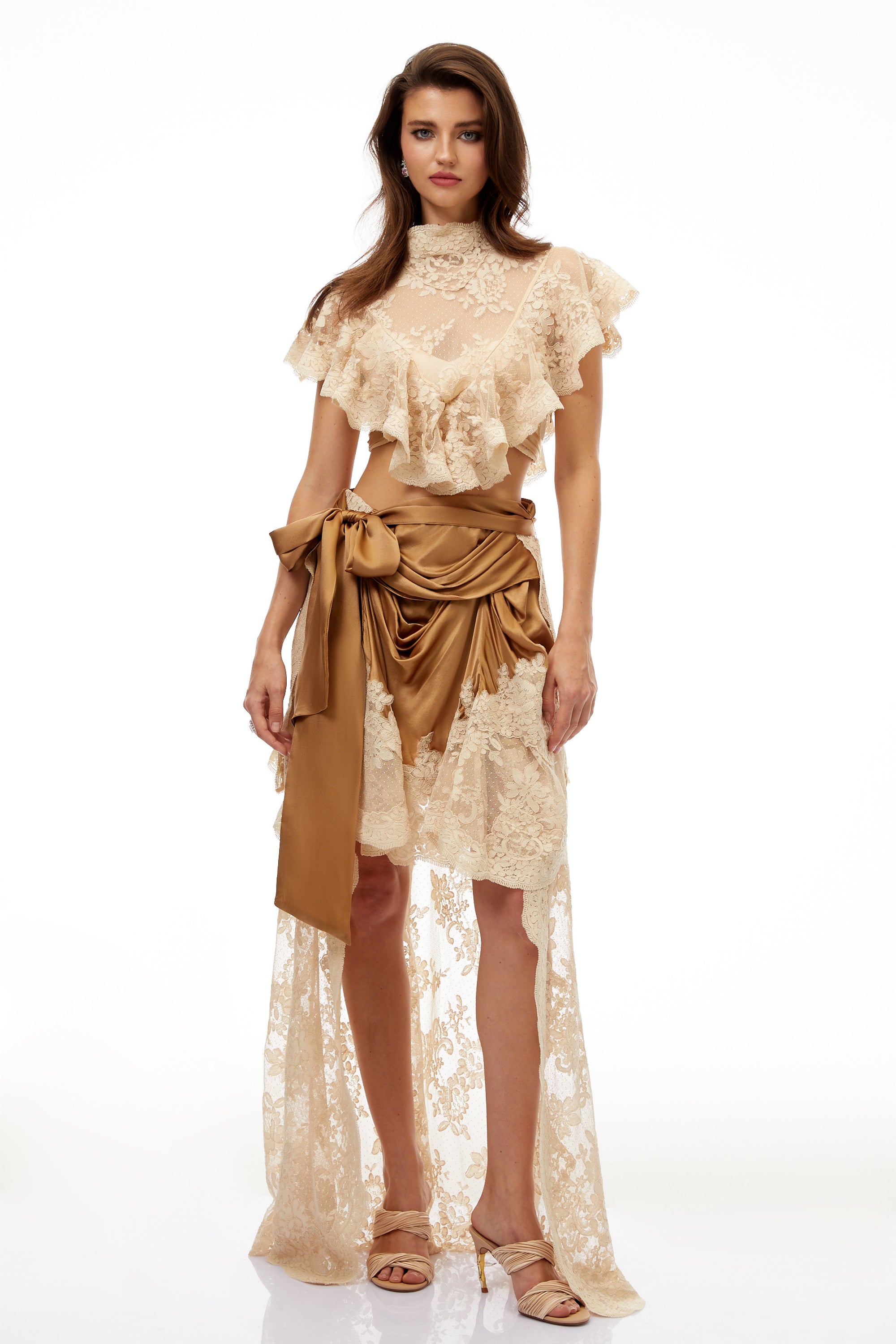 Pascale Brown Asymmetrical Satin Panel Lace Skirt