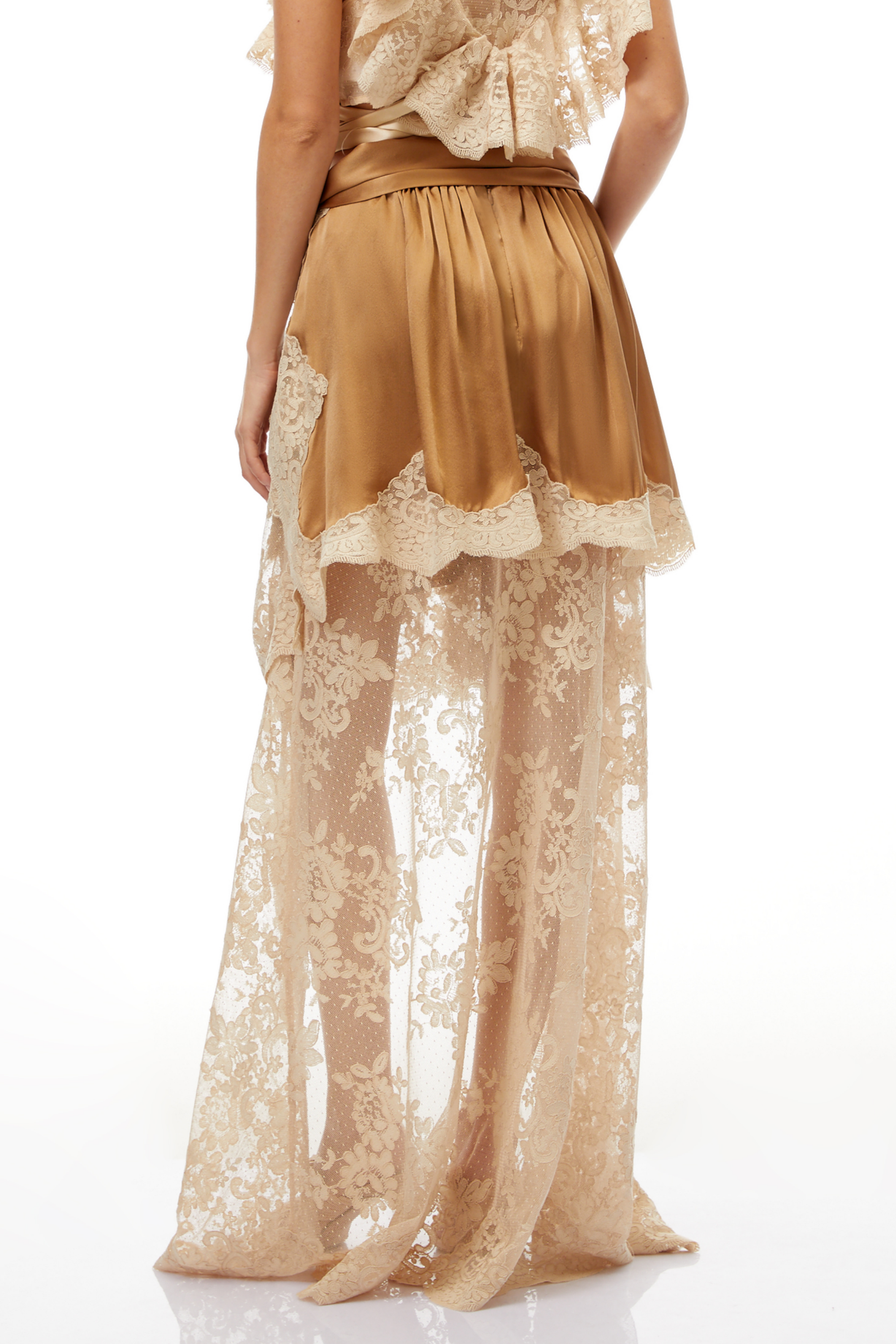 Pascale Brown Asymmetrical Satin Panel Lace Skirt