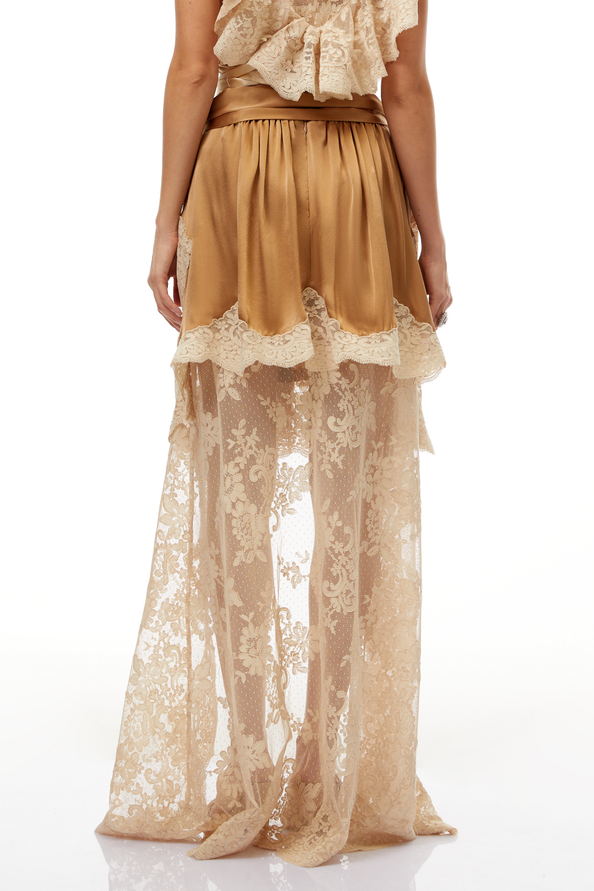 Pascale Brown Asymmetrical Satin Panel Lace Skirt