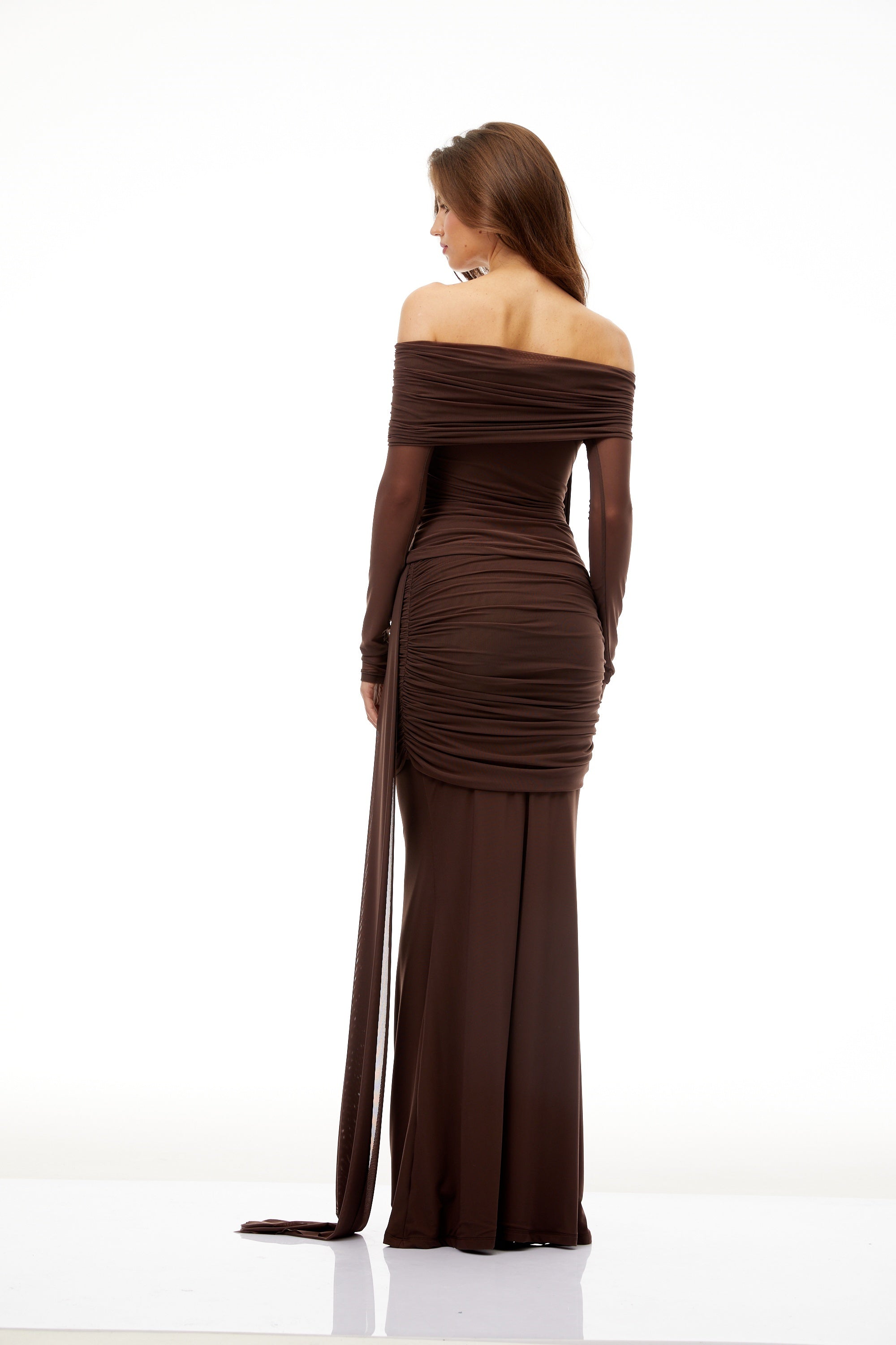 Hyacinthe Brown Asymmetrical Ruched Top & Skirt Set