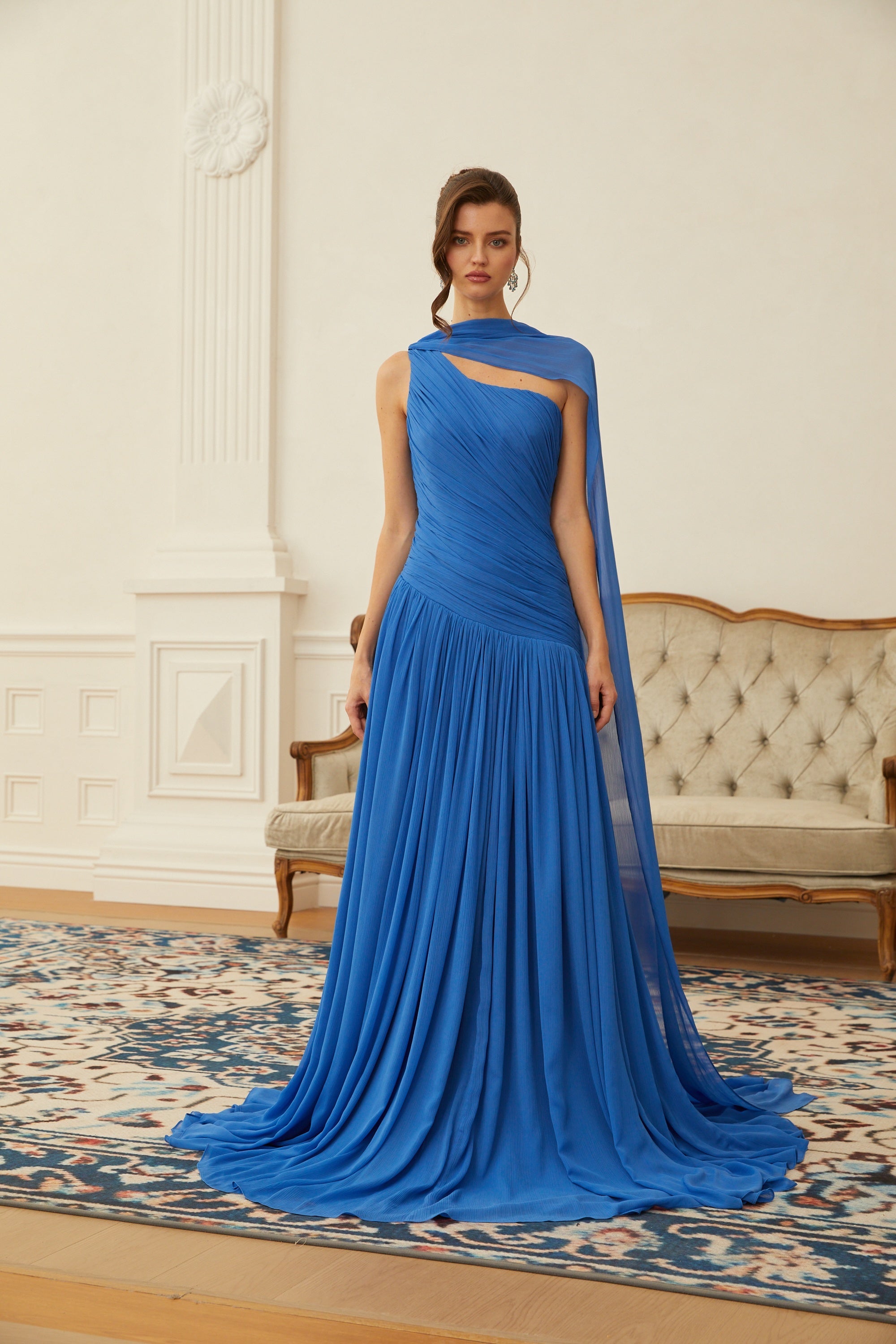 Faustine Blue Cape Design Ruched Maxi Dress