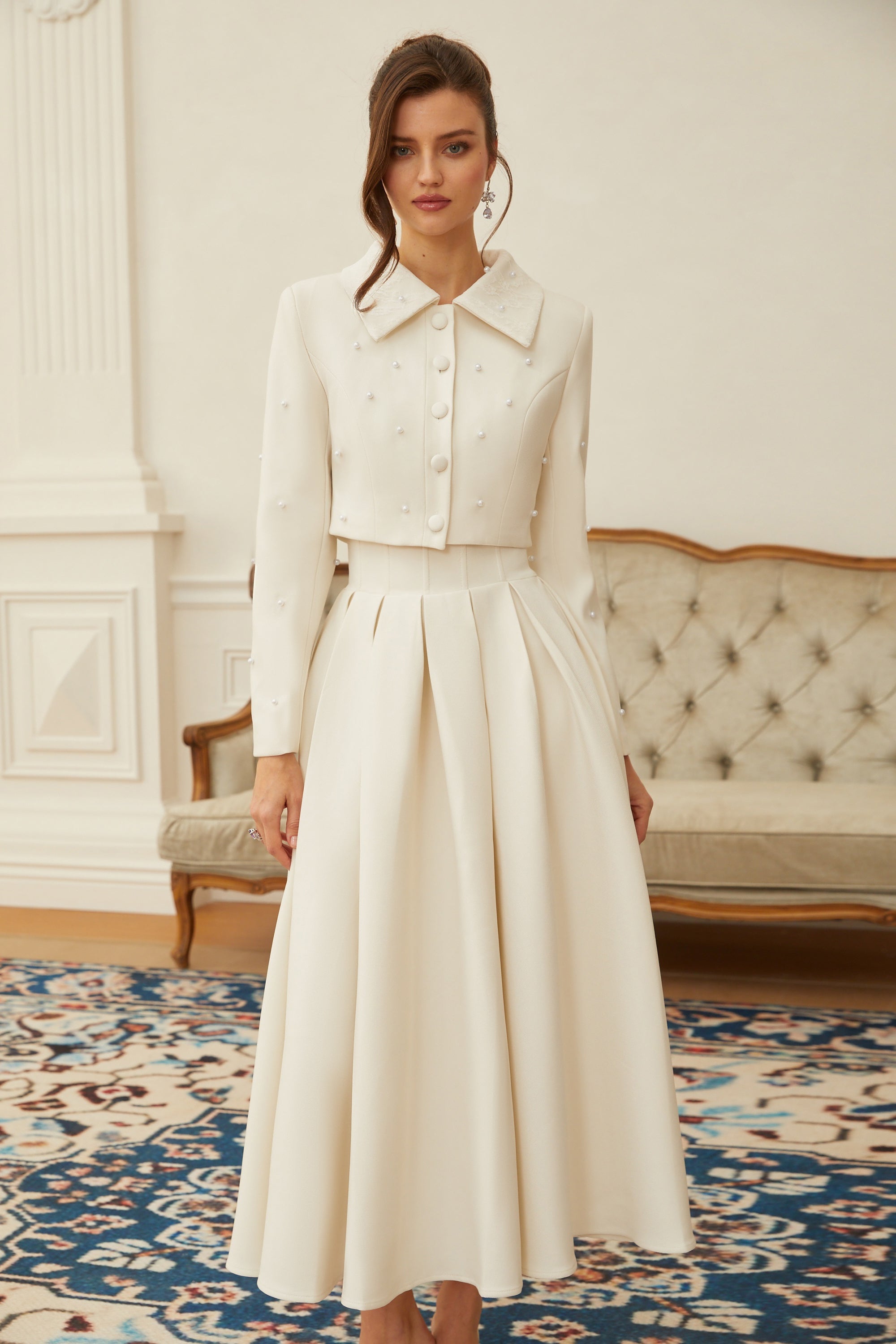 Maja White Faux Pearl Jacket & Pleated Skirt Set