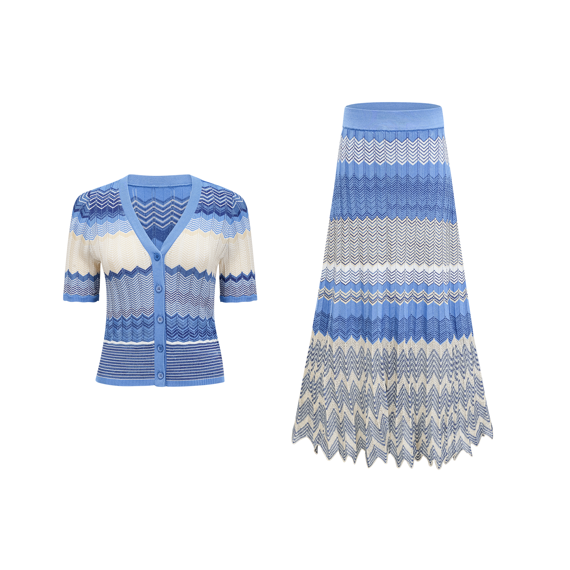 Daniela blue zigzag-design knit top & skirt matching set