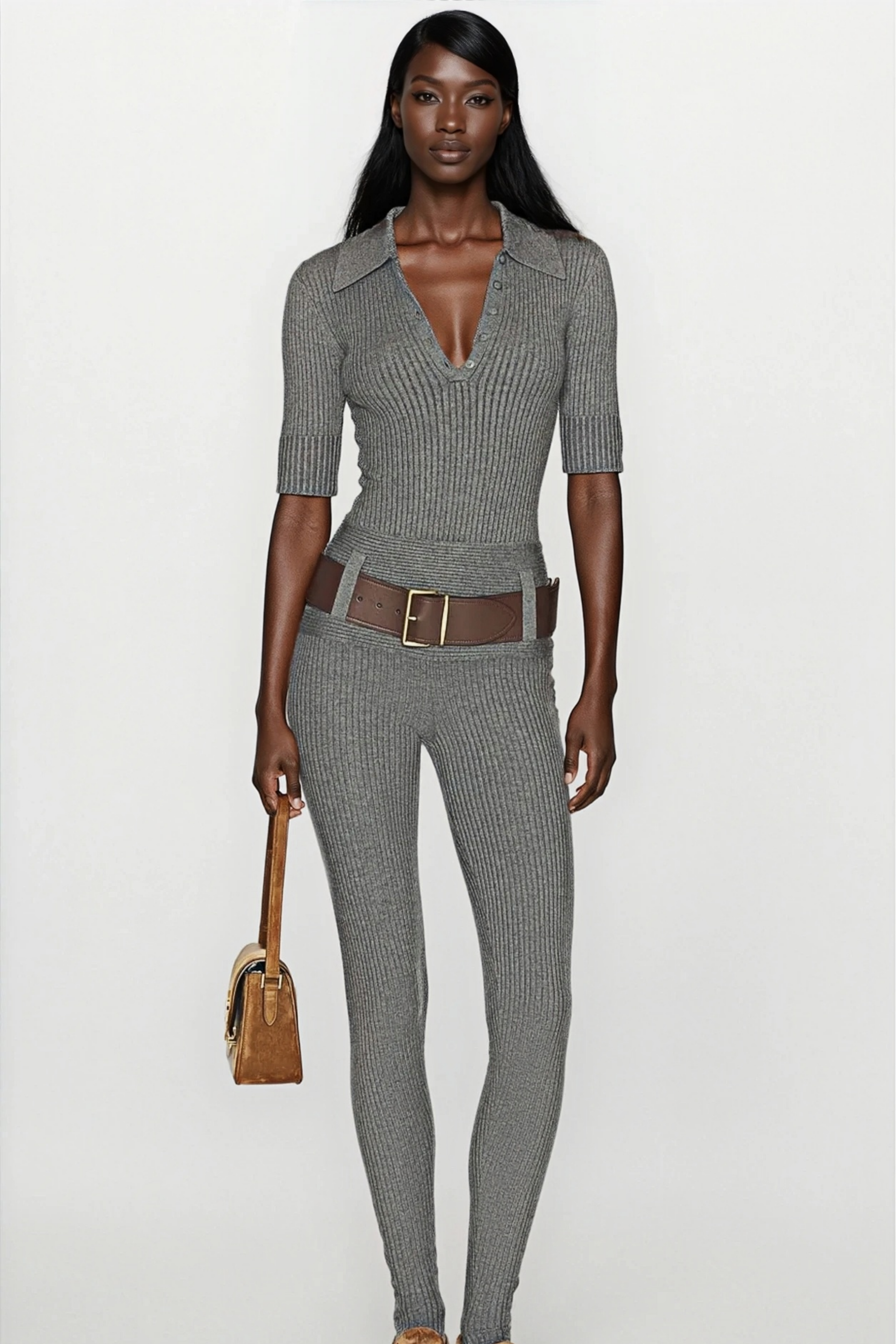 Claire Grey Ribbed Knit Bodysuit & Trousers Set