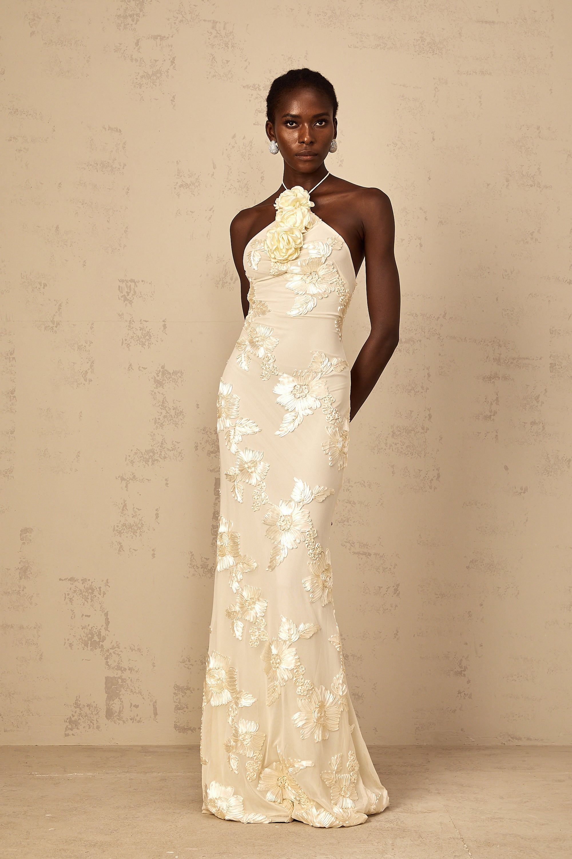 Melanie Neutrals Embroidered Halterneck Maxi Dress