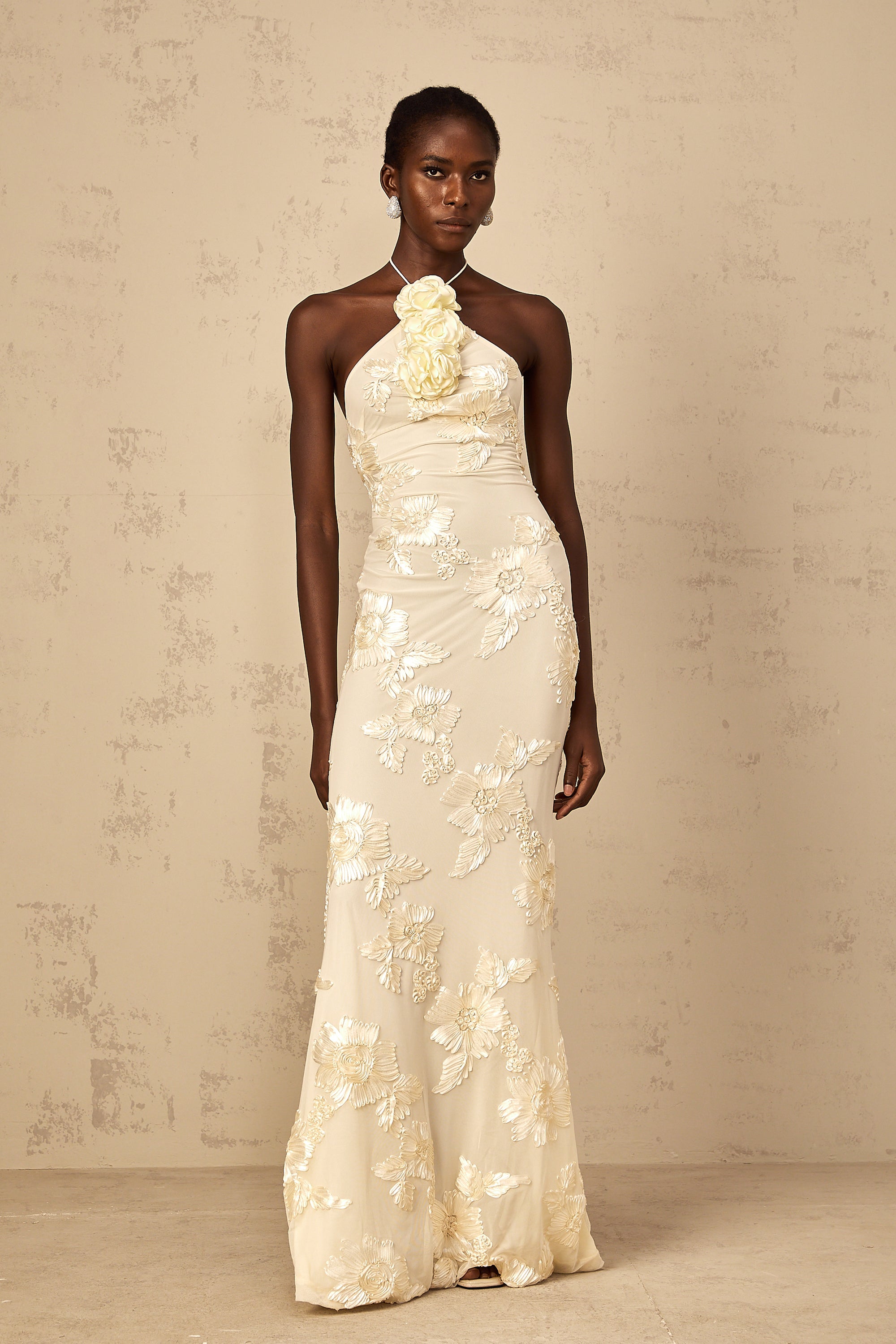 Melanie Neutrals Embroidered Halterneck Maxi Dress