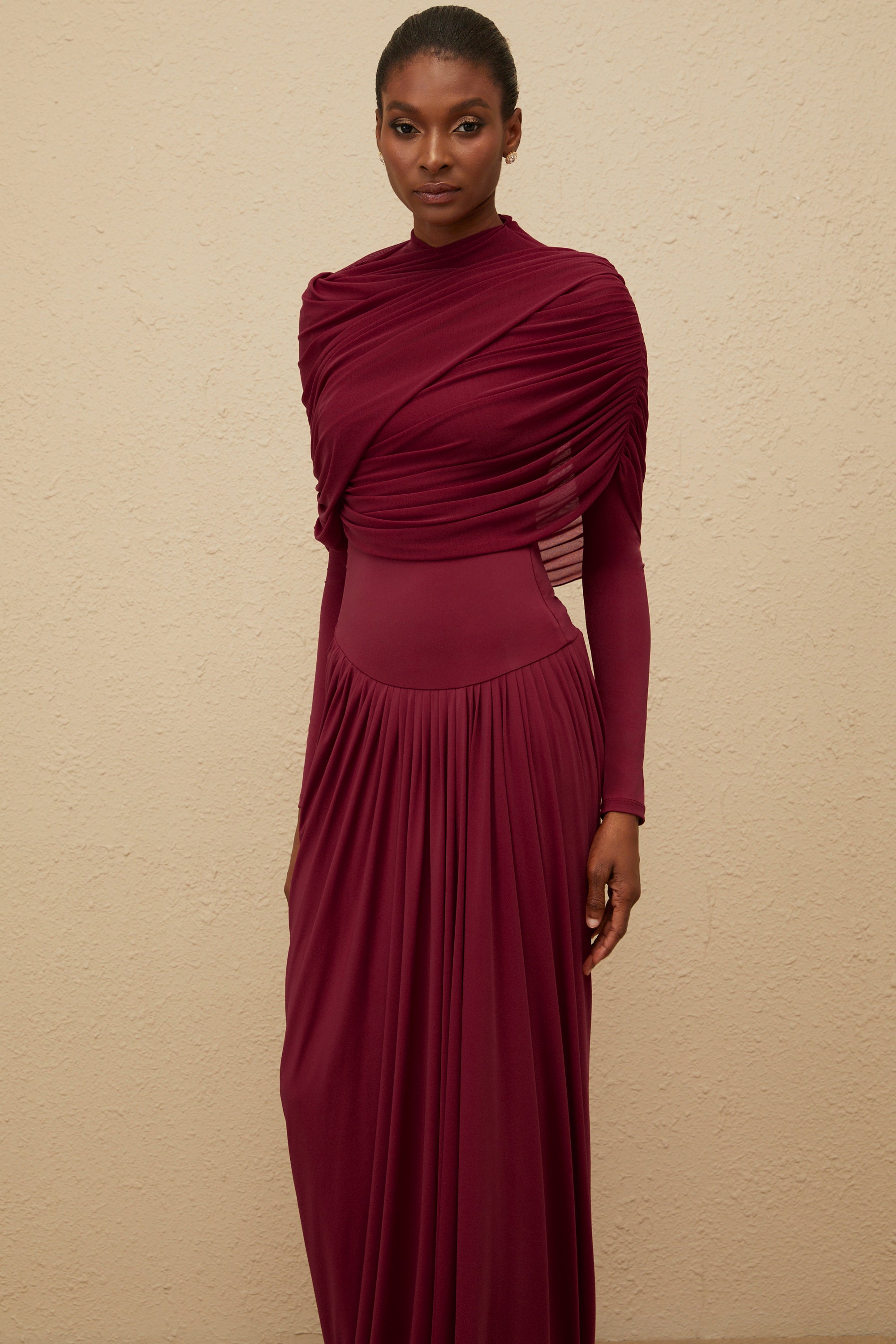 Catherine Red Asymmetrical Pleated Long-Sleeve Maxi Dress