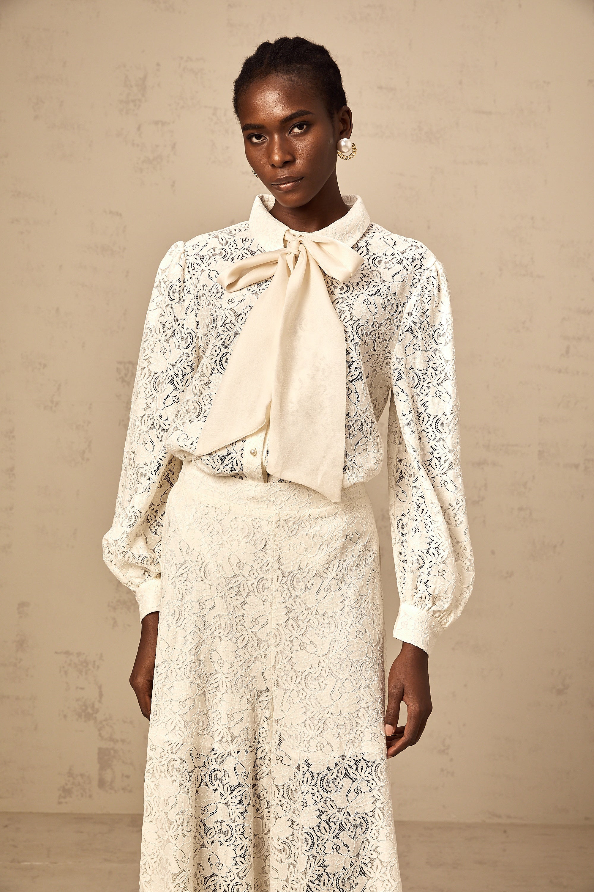 Vanessa white guipure-lace shirt & trousers matching set