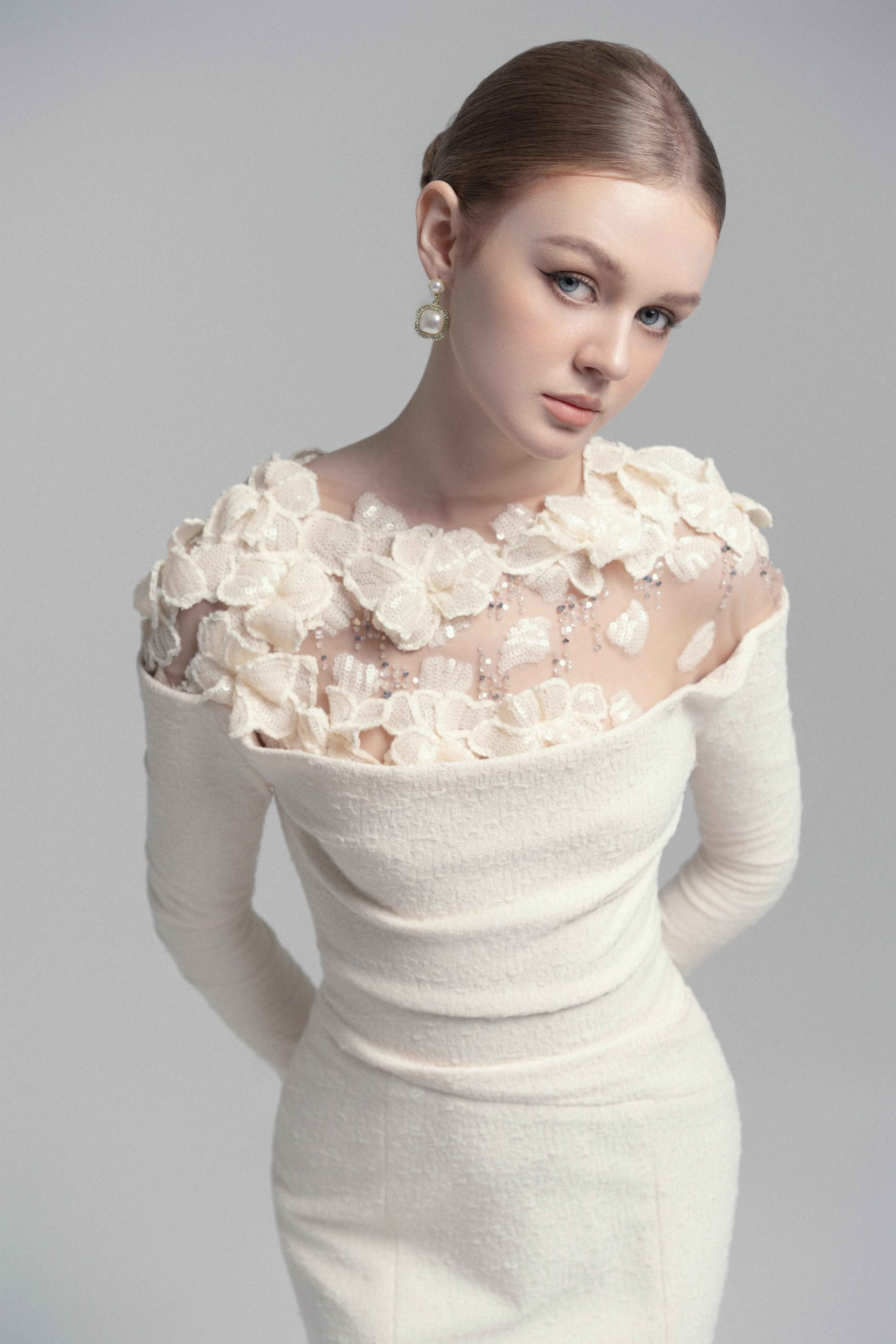 Silvia White Floral Appliqué Off-Shoulder Gown