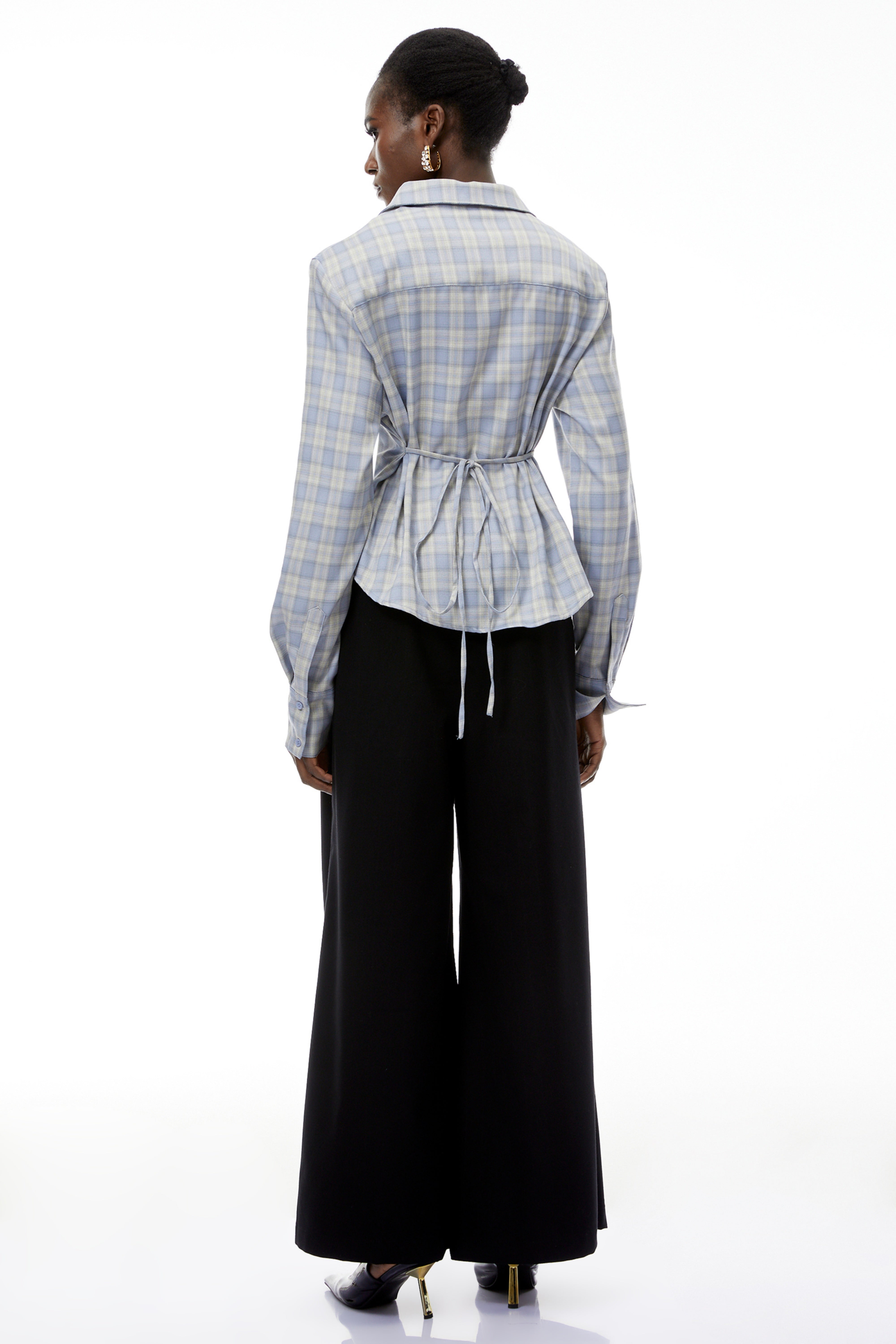 Amber Blue Plaid Tailored Cutout Blouse