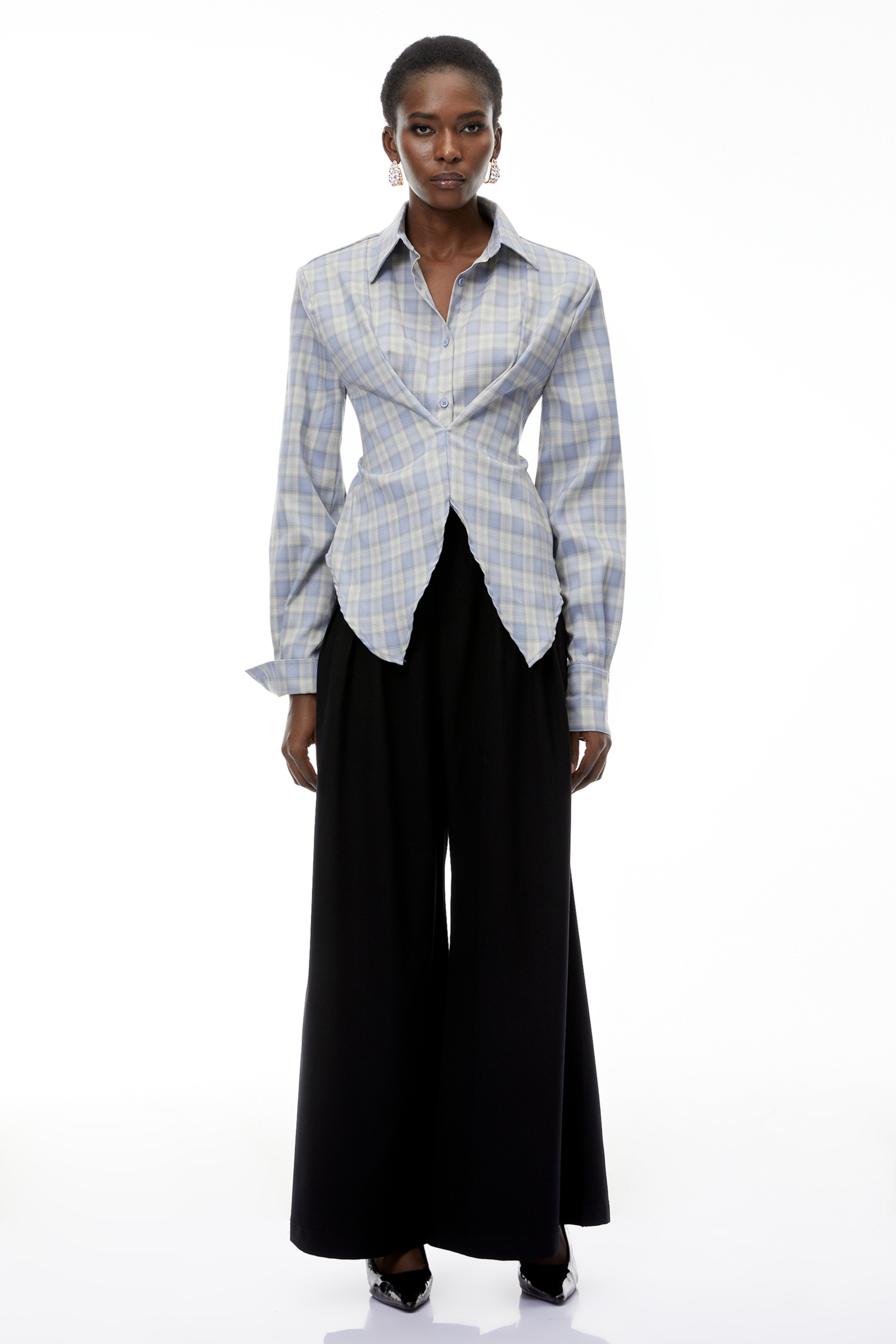 Amber Blue Plaid Tailored Cutout Blouse