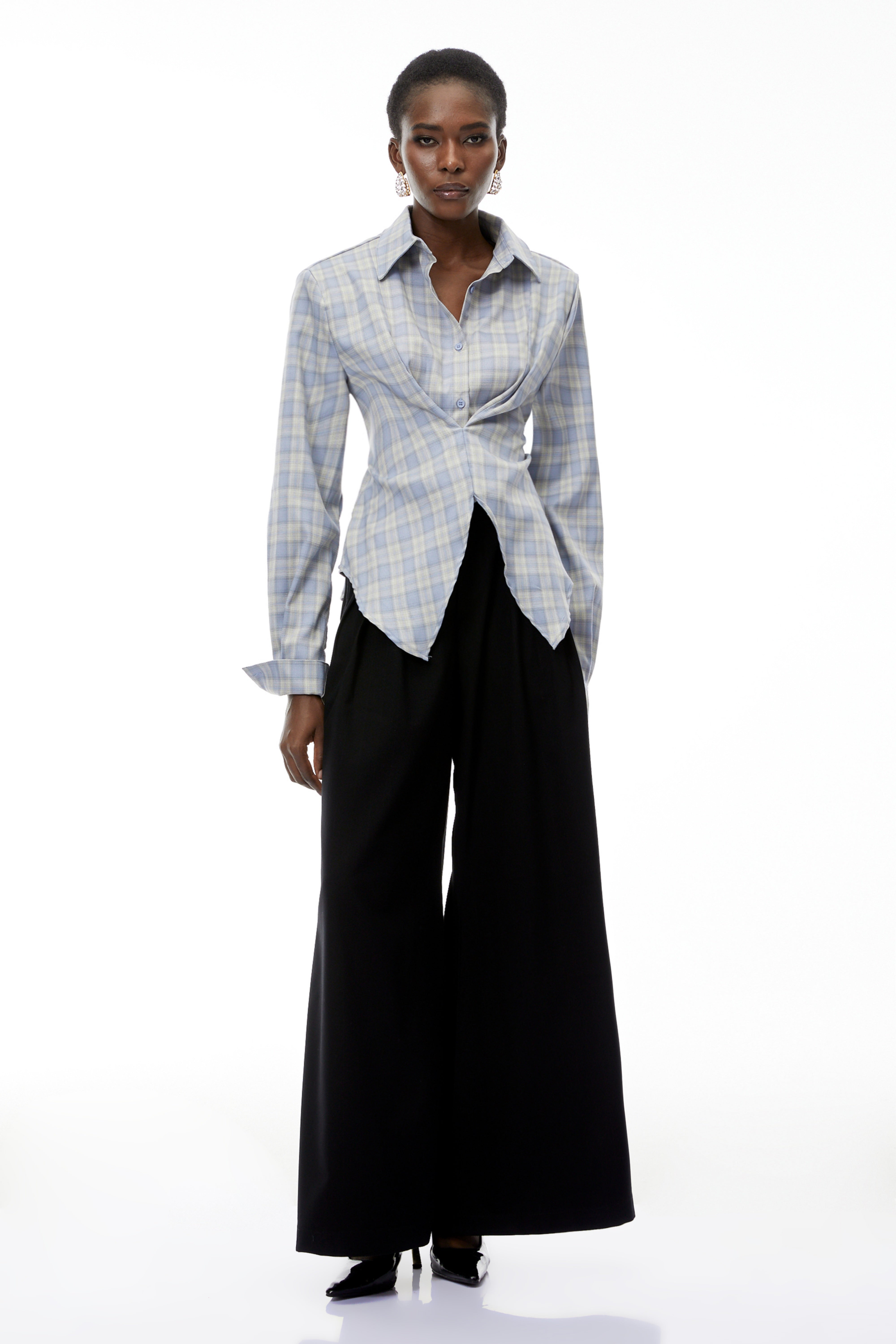 Amber Blue Plaid Tailored Cutout Blouse