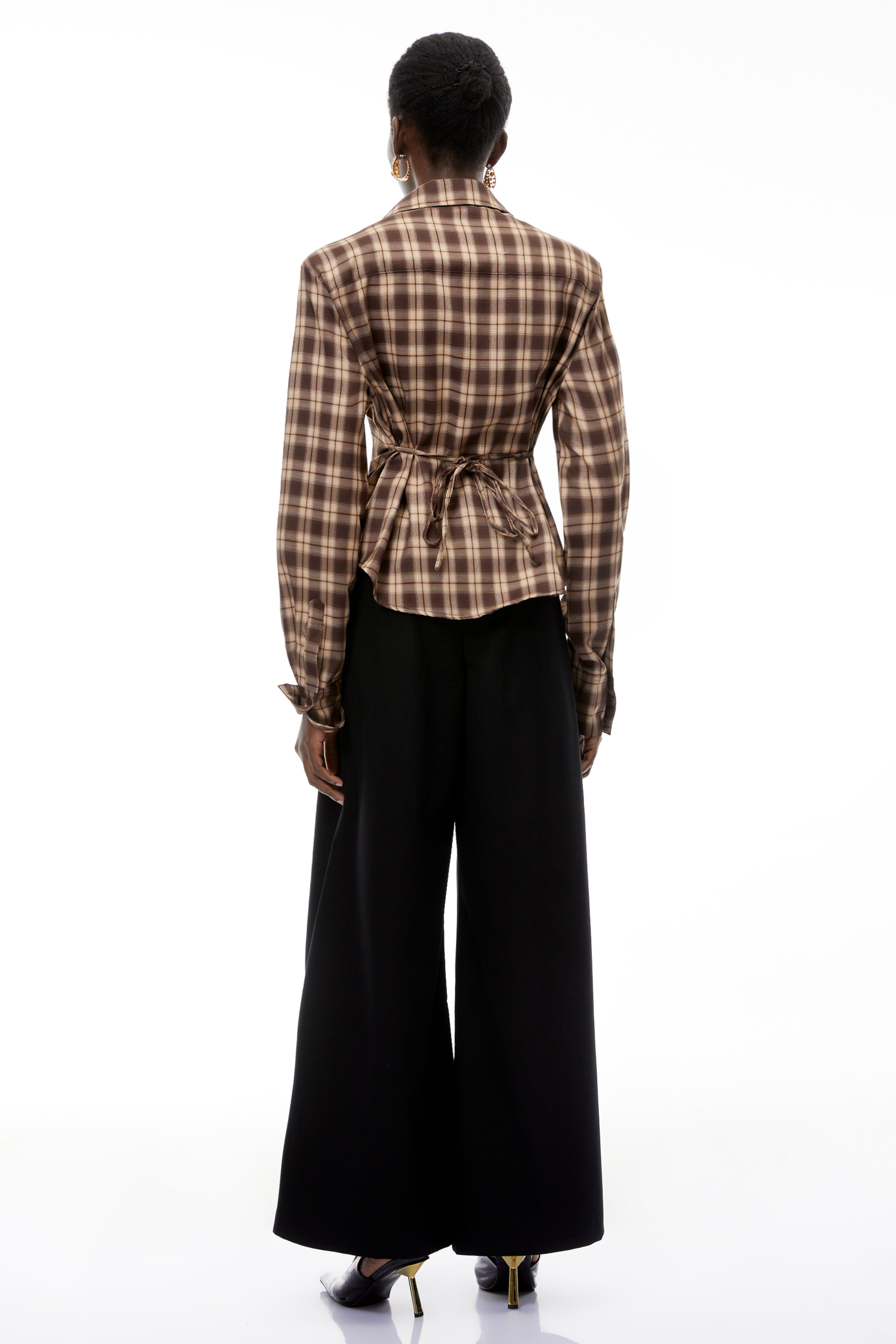 Amber Reddish-Brown Plaid Tailored Cutout Blouse