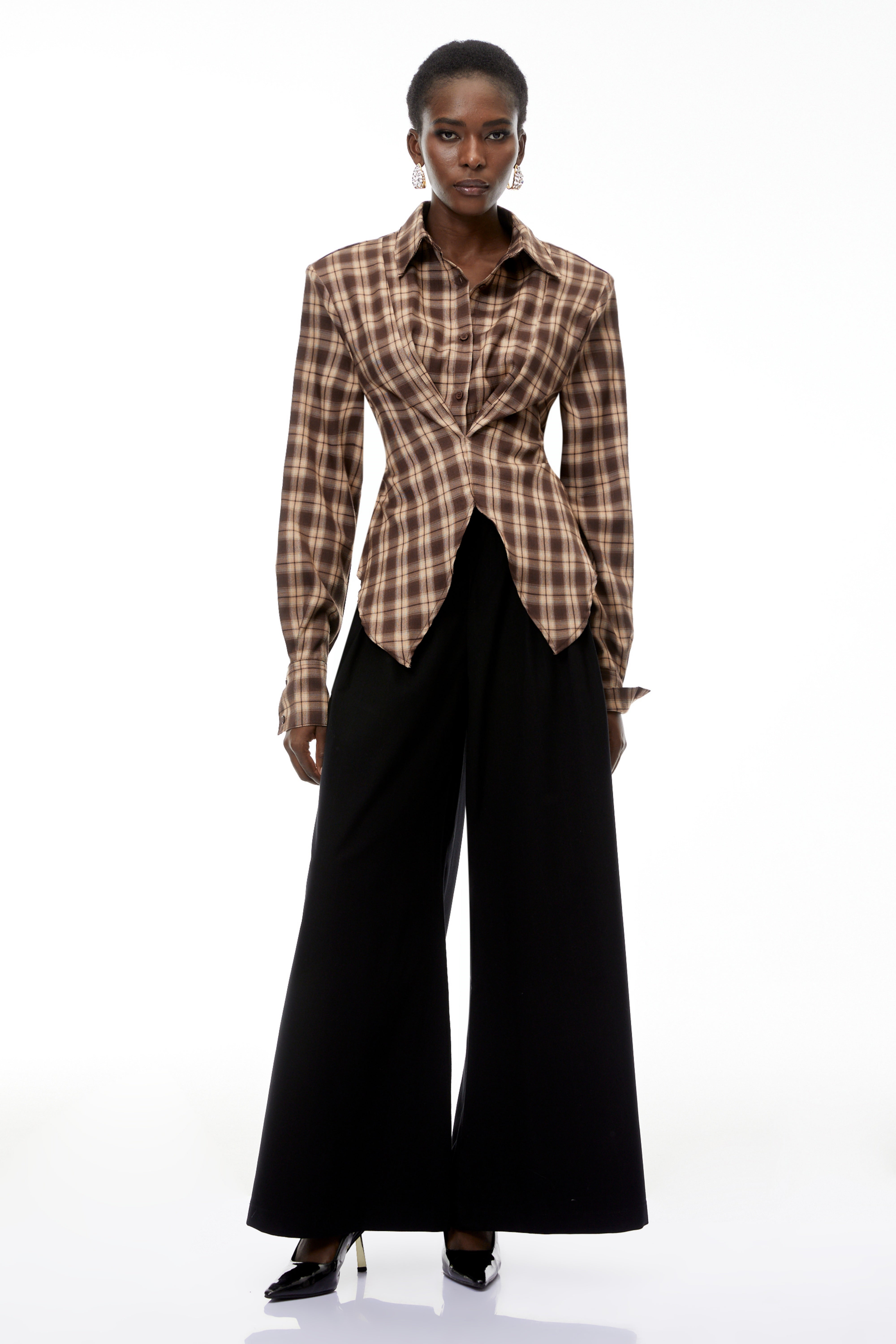 Amber Reddish-Brown Plaid Tailored Cutout Blouse
