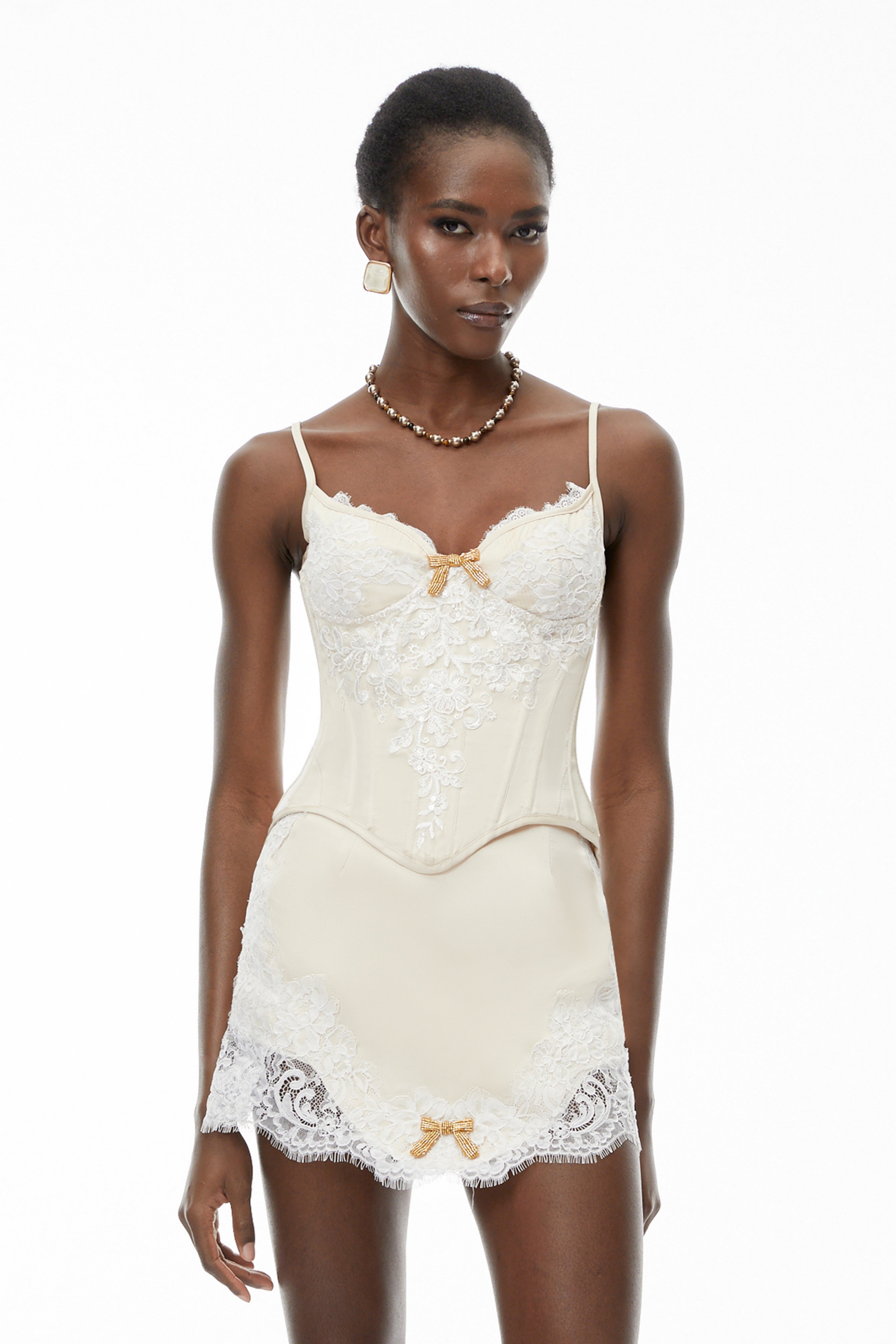 Blanca Champagne Lace Panel Top & Skirt Set