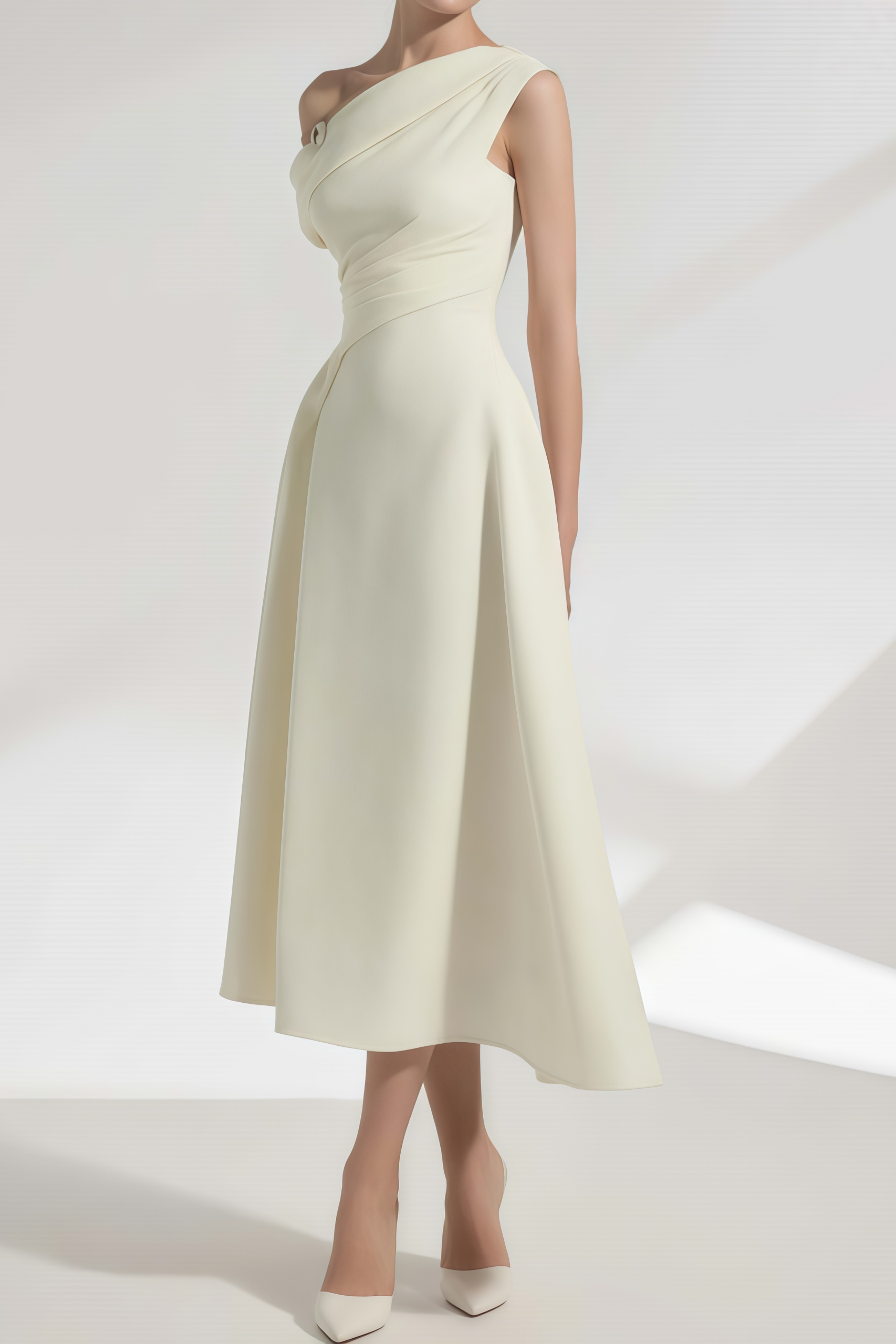 Blossom White One Shoulder Ruched Midi Dress