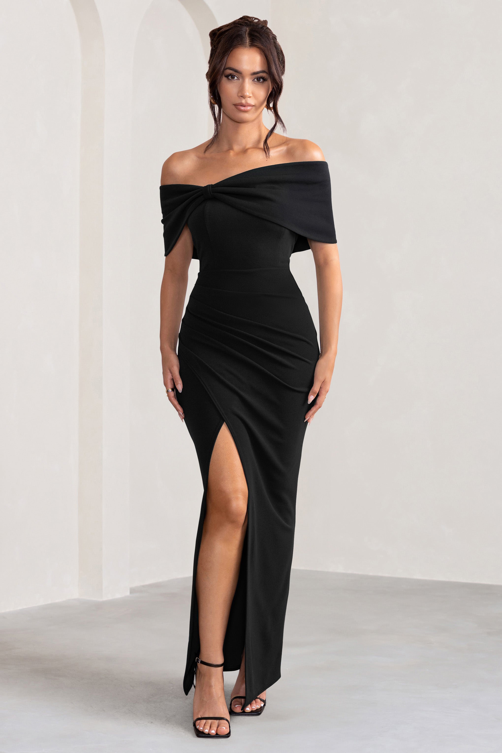 Eva | Bardot Bow Detail Maxi Dress With Thigh Split