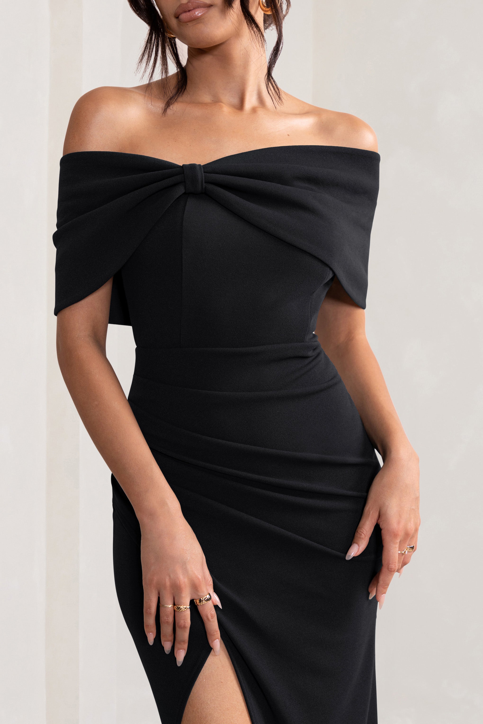 Eva | Bardot Bow Detail Maxi Dress With Thigh Split
