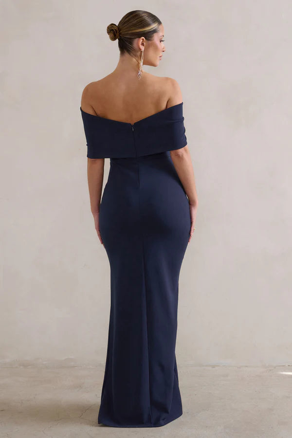 Eva | Bardot Bow Detail Maxi Dress With Thigh Split