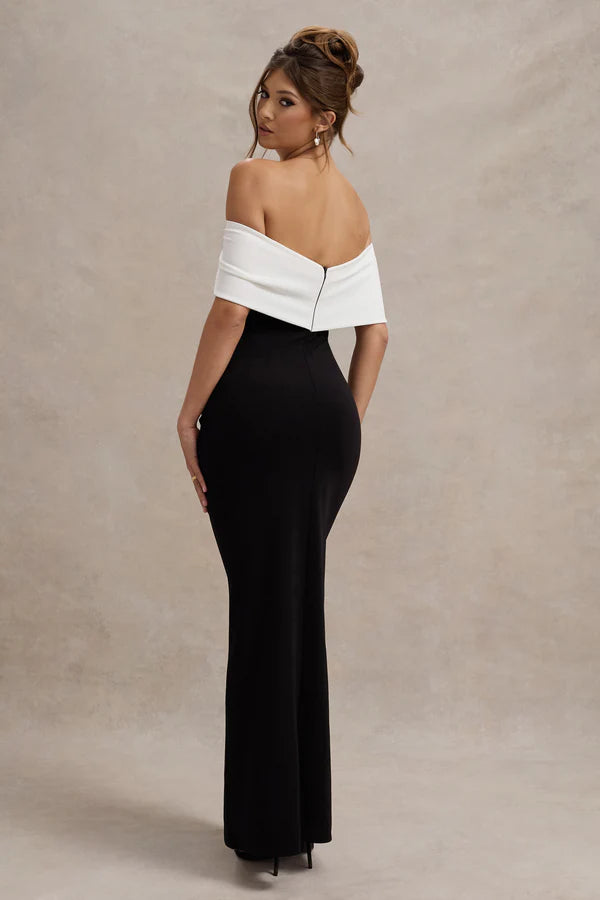 Eva | Bardot Bow Detail Maxi Dress With Thigh Split