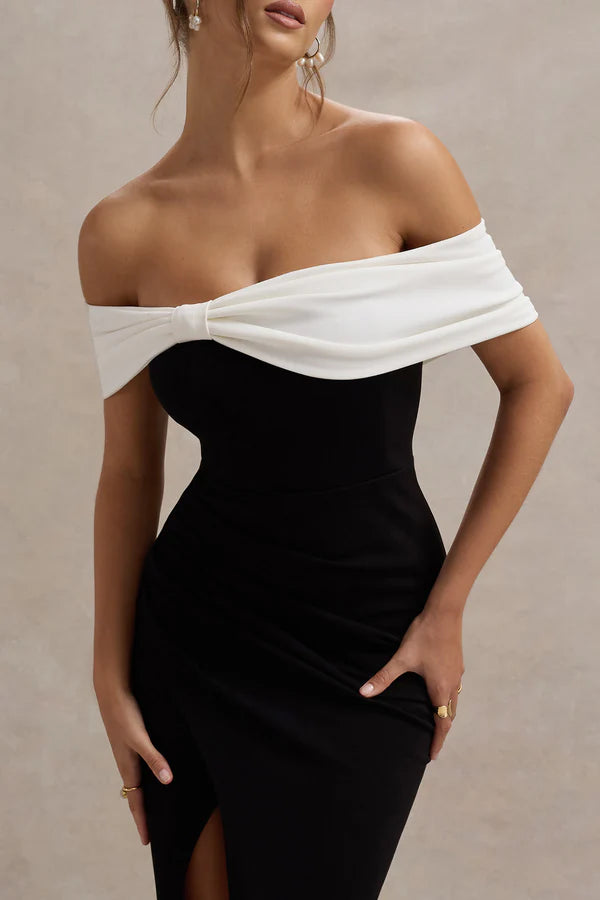 Eva | Bardot Bow Detail Maxi Dress With Thigh Split