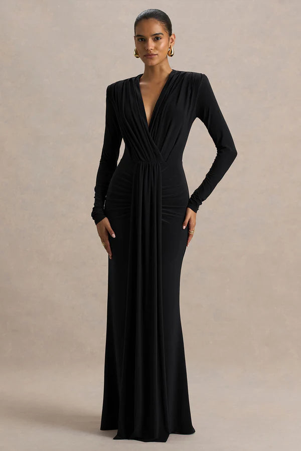 Flashy | Plunge-Neck Maxi Dress With Ruched Detailing