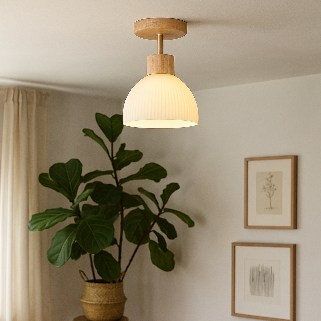 Ceiling Light | Glass Shade Wood Accent Mount