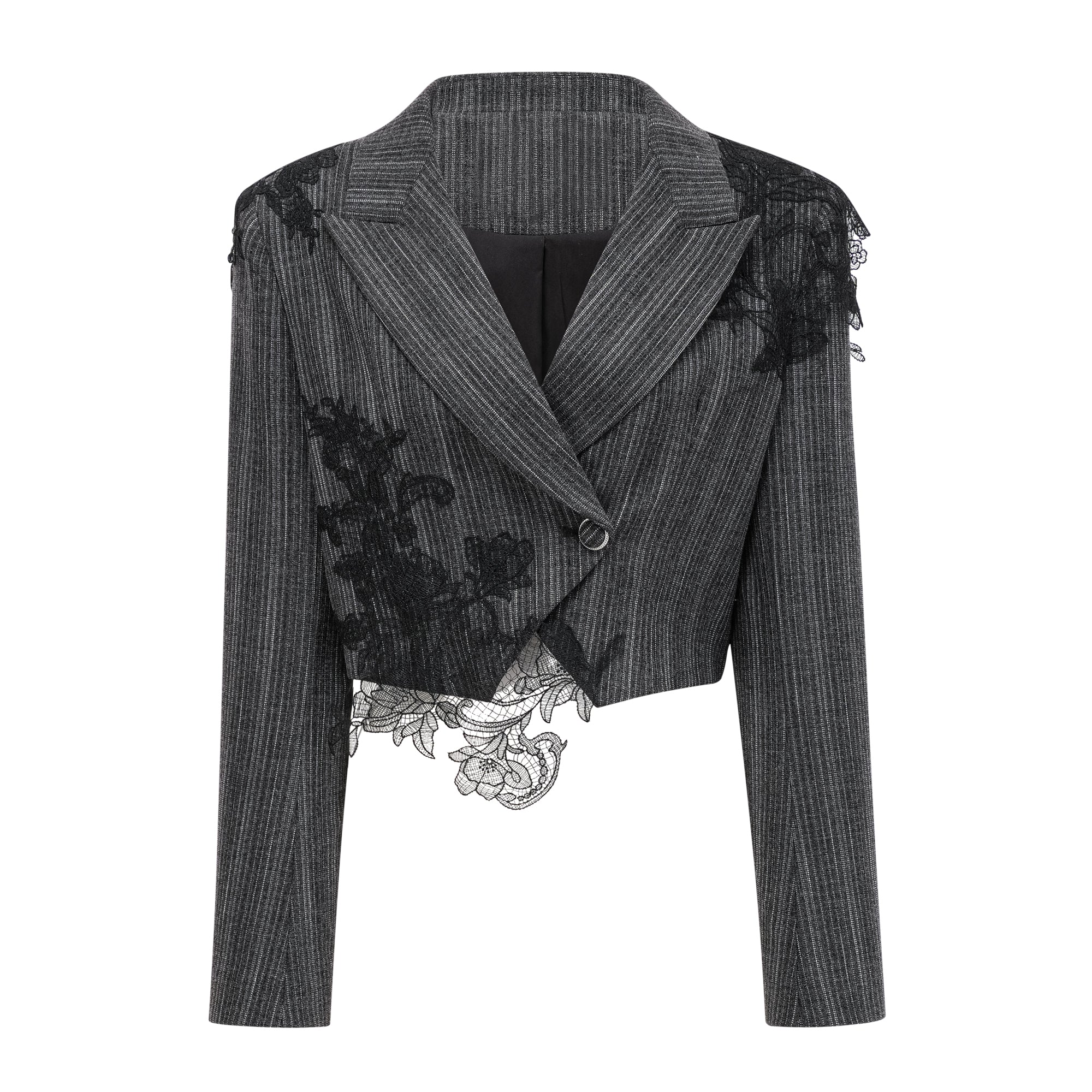 Sidonie Grey Floral Appliqué Striped Blazer & Skirt Set