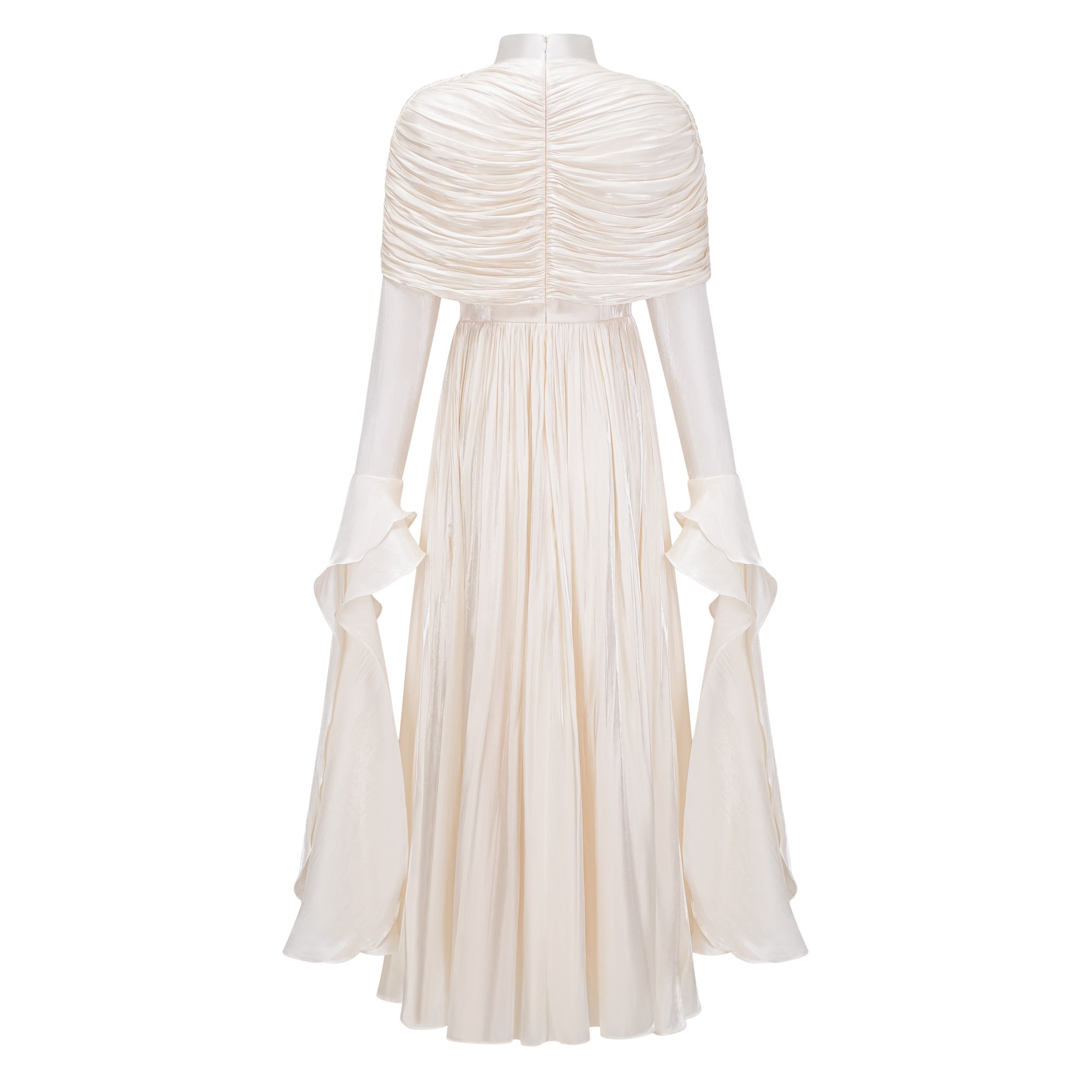 Gustave Neutral Ruched Cape Ruffled Maxi Dress